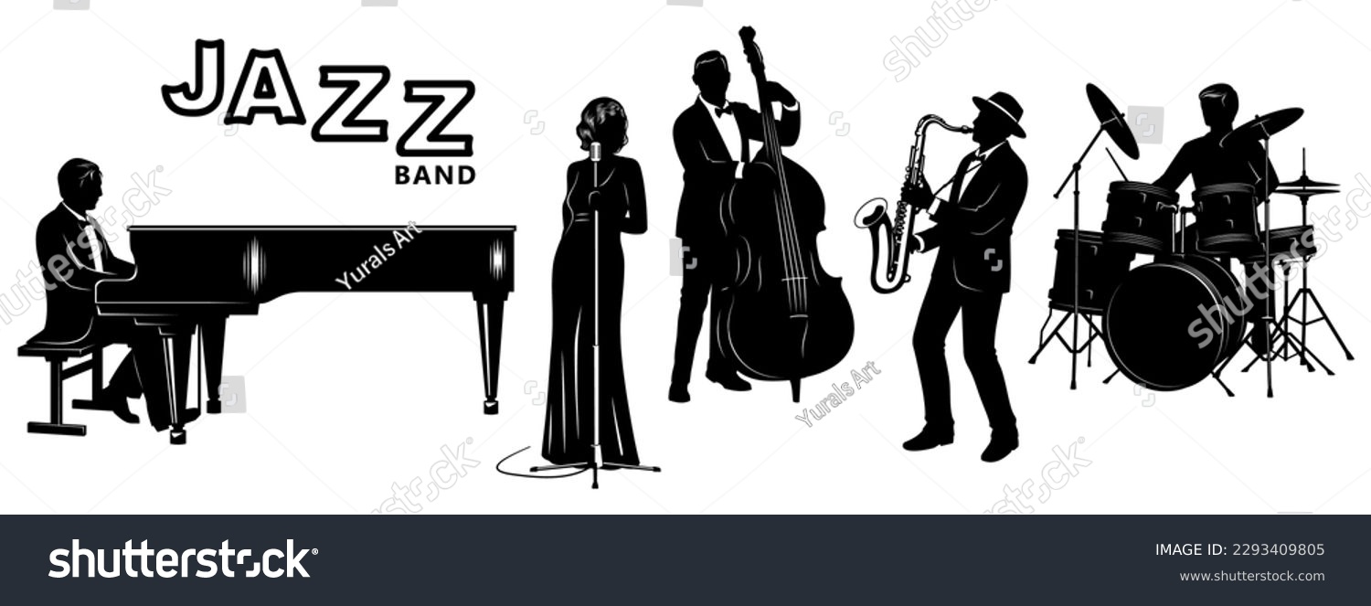 SVG of Jazz Band Silhouettes Set. Pianist, Singer, Double Bassist, Saxophonist, Drummer. Vector cliparts. svg