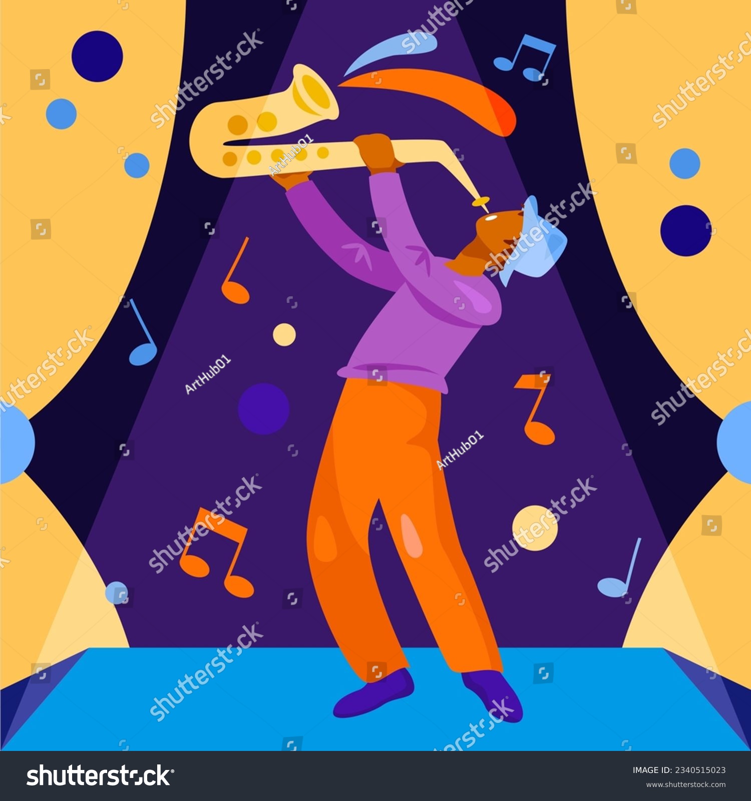 SVG of Jazz stylish musician playing saxophone on stage. Concept of creating music, hobby. Musicians playing on different instruments. Flat vector illustration in cartoon style svg