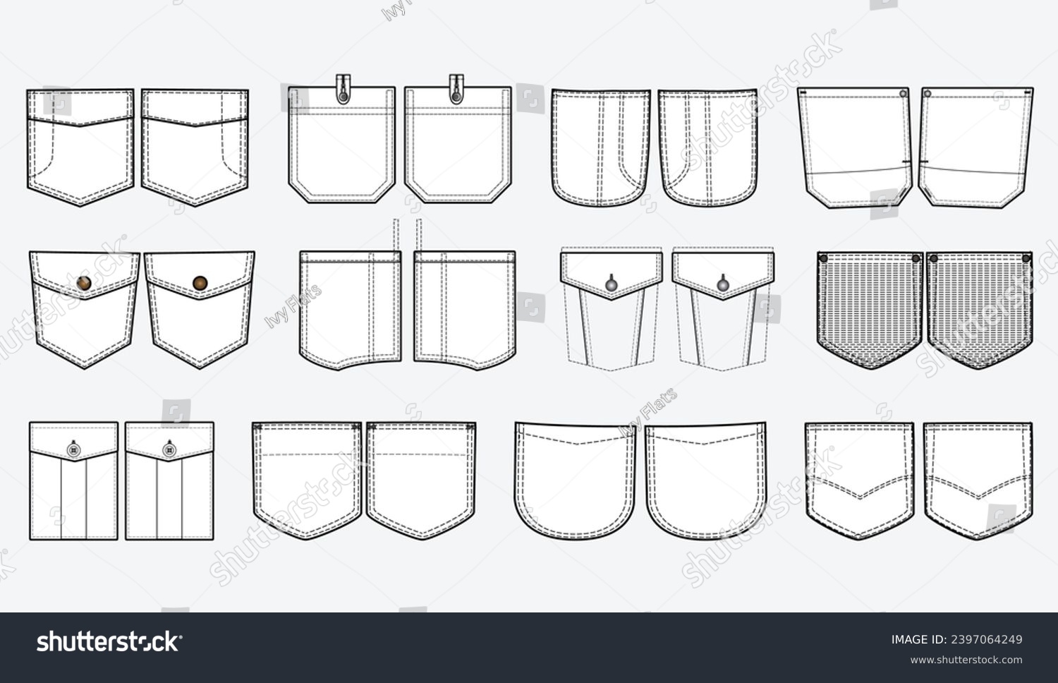 SVG of Jeans and denim Patch pocket flat sketch vector illustration set, different types of Clothing Pockets for jeans pocket, sleeve arm, cargo pants, dresses, bag, garments, Clothing and Accessories svg