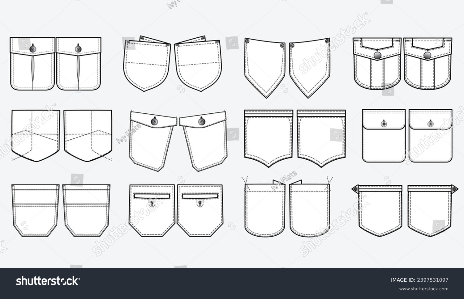 SVG of Jeans and denim Patch pocket flat sketch vector illustration set, different types of Clothing Pockets for jeans pocket, sleeve arm, cargo pants, dresses, bag, garments, Clothing and Accessories svg