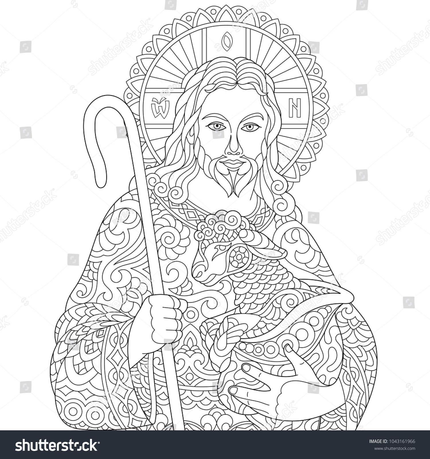 Jesus Christ and newborn Baby Sheep Hand drawn portrait of christian biblical character Coloring
