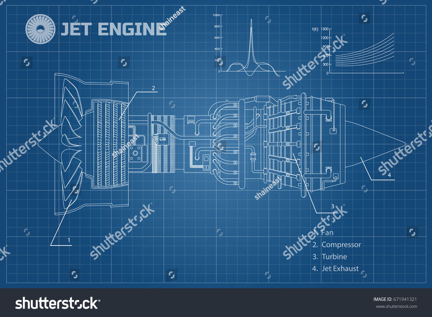 Jet engine of airplane. Outline style. Industrial aerospase blueprint. Part of the aircraft