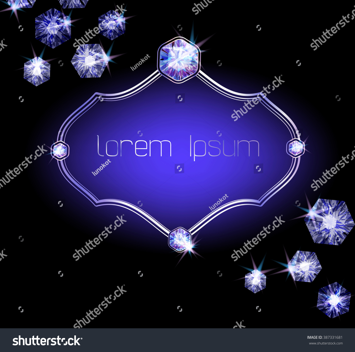 SVG of Jewelry frame with shiny diamonds and rhinestone on black background. In the center of illustration is silver frame. svg