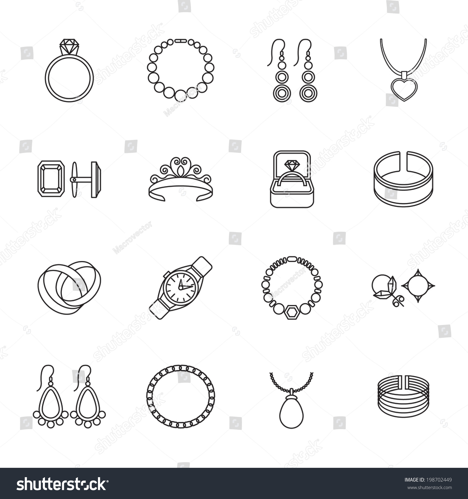 Jewelry Outline Icons Set Bracelet Ring Stock Vector 198702449 ...