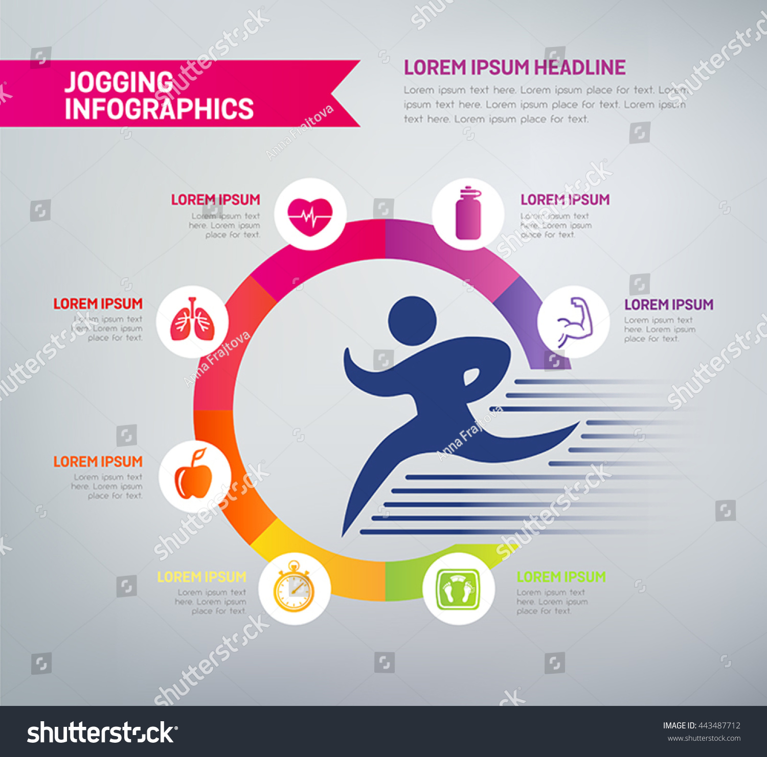 SVG of Jogging infographics with icons - benefits of jogging in a diagram. Health improvements, muscle strength, mental health, weight loss. svg