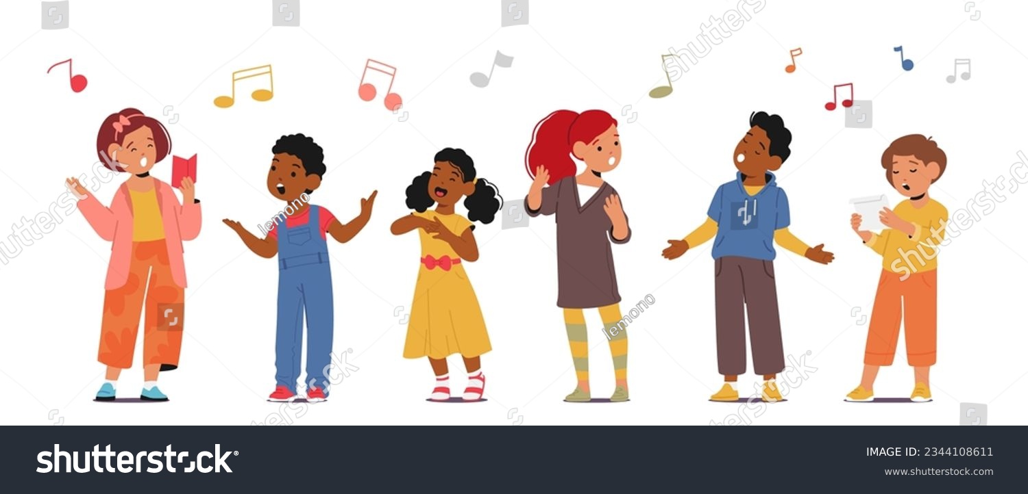 SVG of Joyful Children Boys and Girls Characters Singing Songs With Pure Enthusiasm, Spreading Happiness And Creating A Vibrant Atmosphere With Their Innocent Voices. Cartoon People Vector Illustration svg