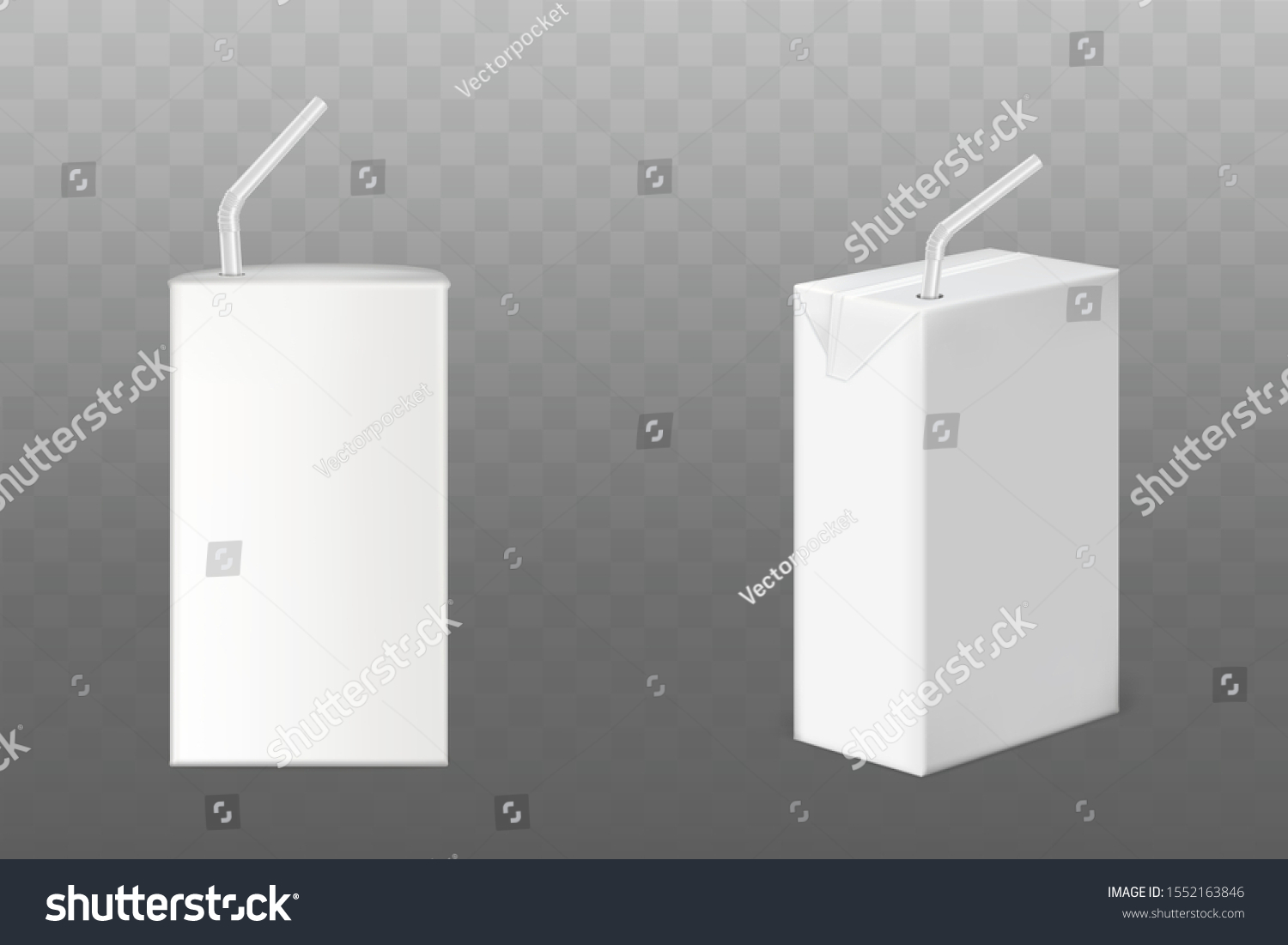 SVG of Juice or milk boxes with straw side front view set, white blank packaging mock up isolated on transparent background. Cardboard liquid production containers. Realistic 3d vector illustration, clip art svg