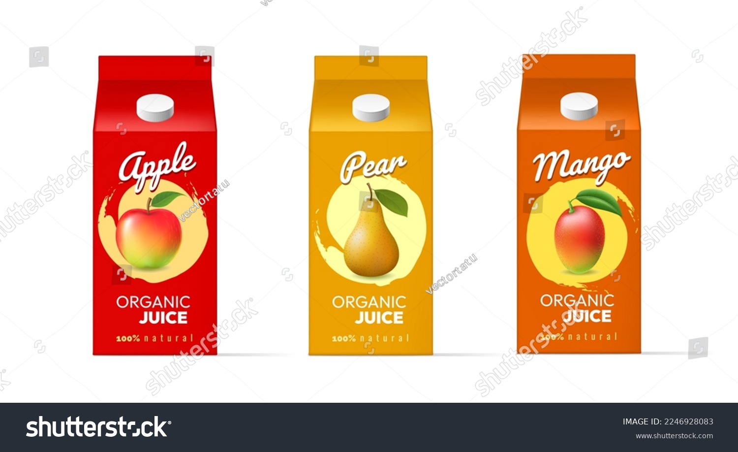 SVG of Juices packaging. Apple pear mango juice tetrapack in realistic style, cardboard tetra package box set isolated, paper packing liquid crush designs vector illustration svg