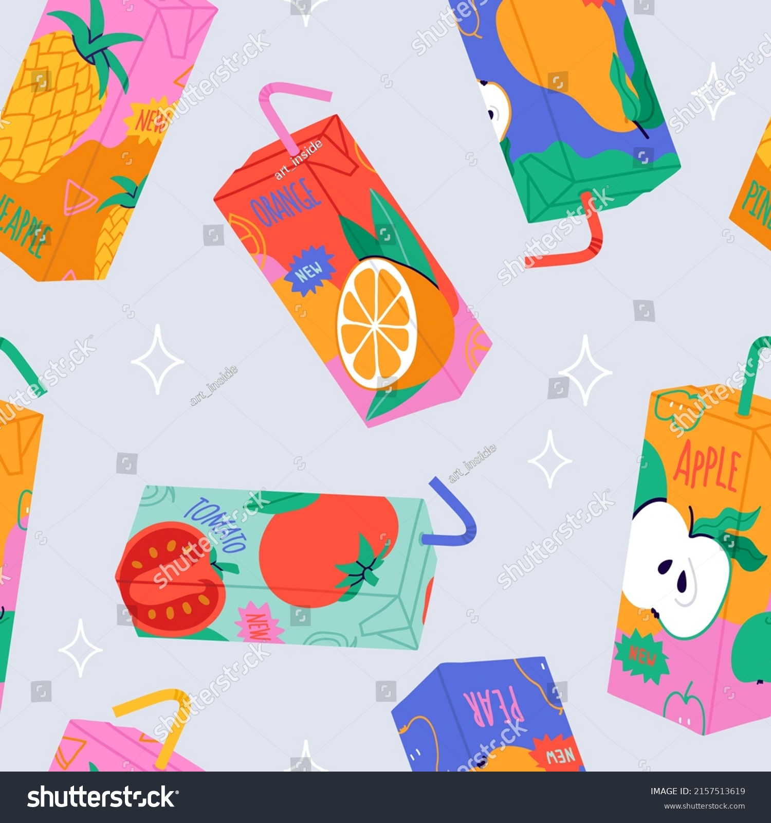 SVG of Juicy orange, apple, pineapple, tomato, pear. Bright seamless pattern with juice boxes. Hand drawn colored vector illustrations. Kids drink. Cartoon style. svg