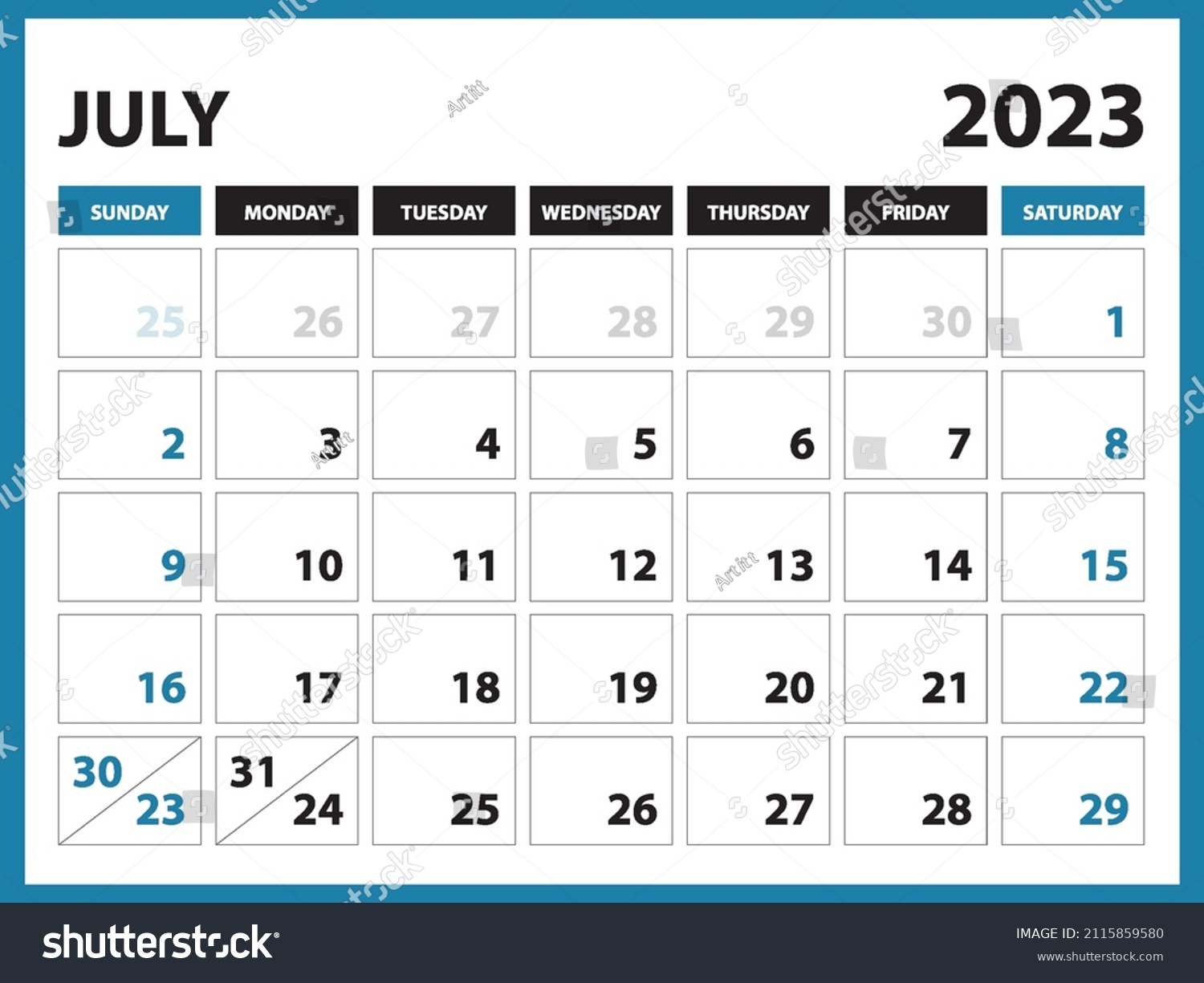 Juli 2023 Kalender-Druckvorlage, Kalendervorlage 2023, Planerentwürfe 