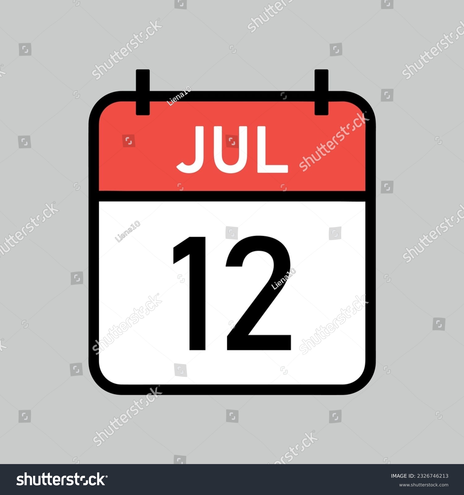 SVG of July 12, red and white color calendar page with black outline, calendar date vector illustration svg