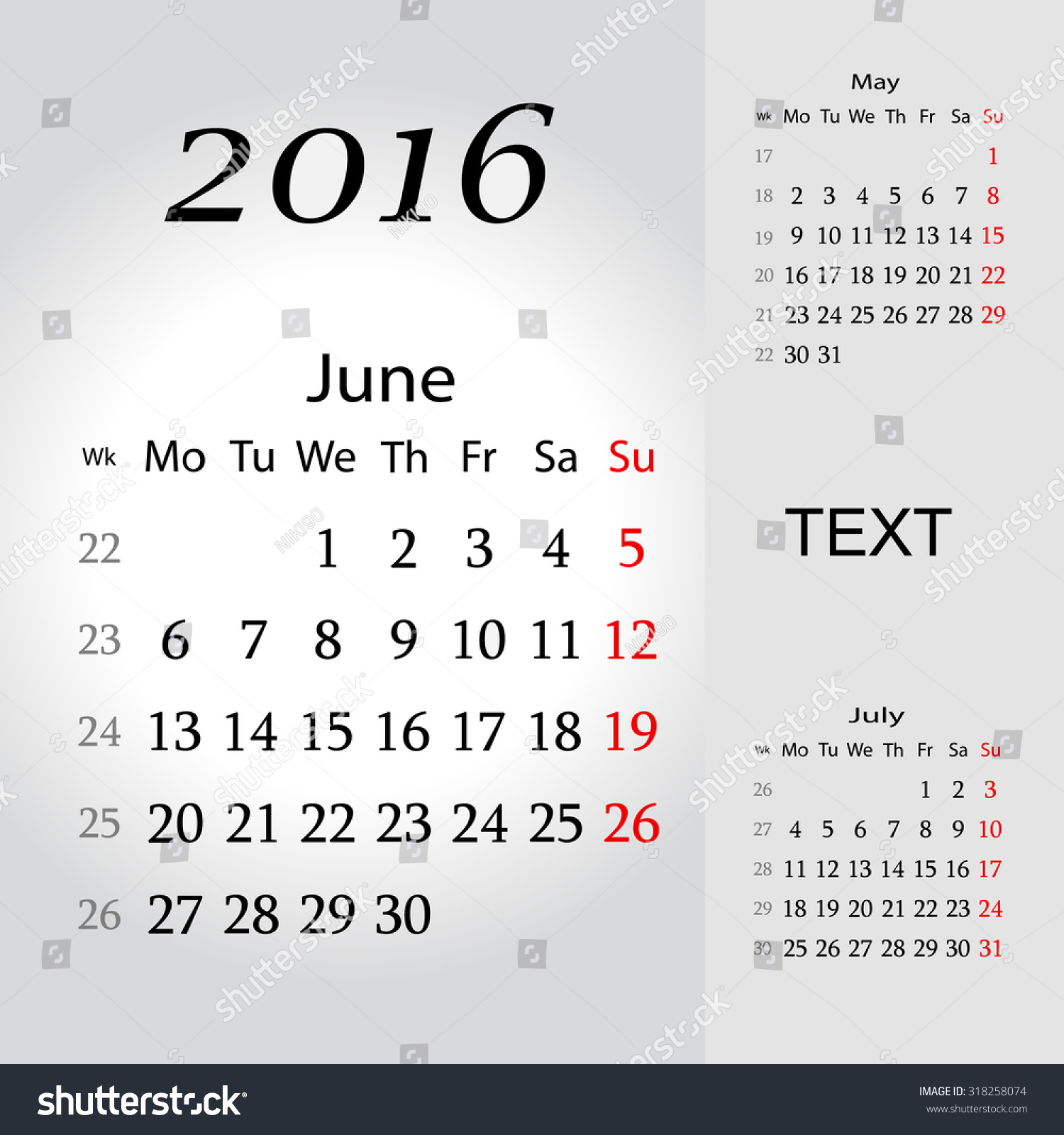 June 16 Calendar 16 Year Week Stock Vector Royalty Free