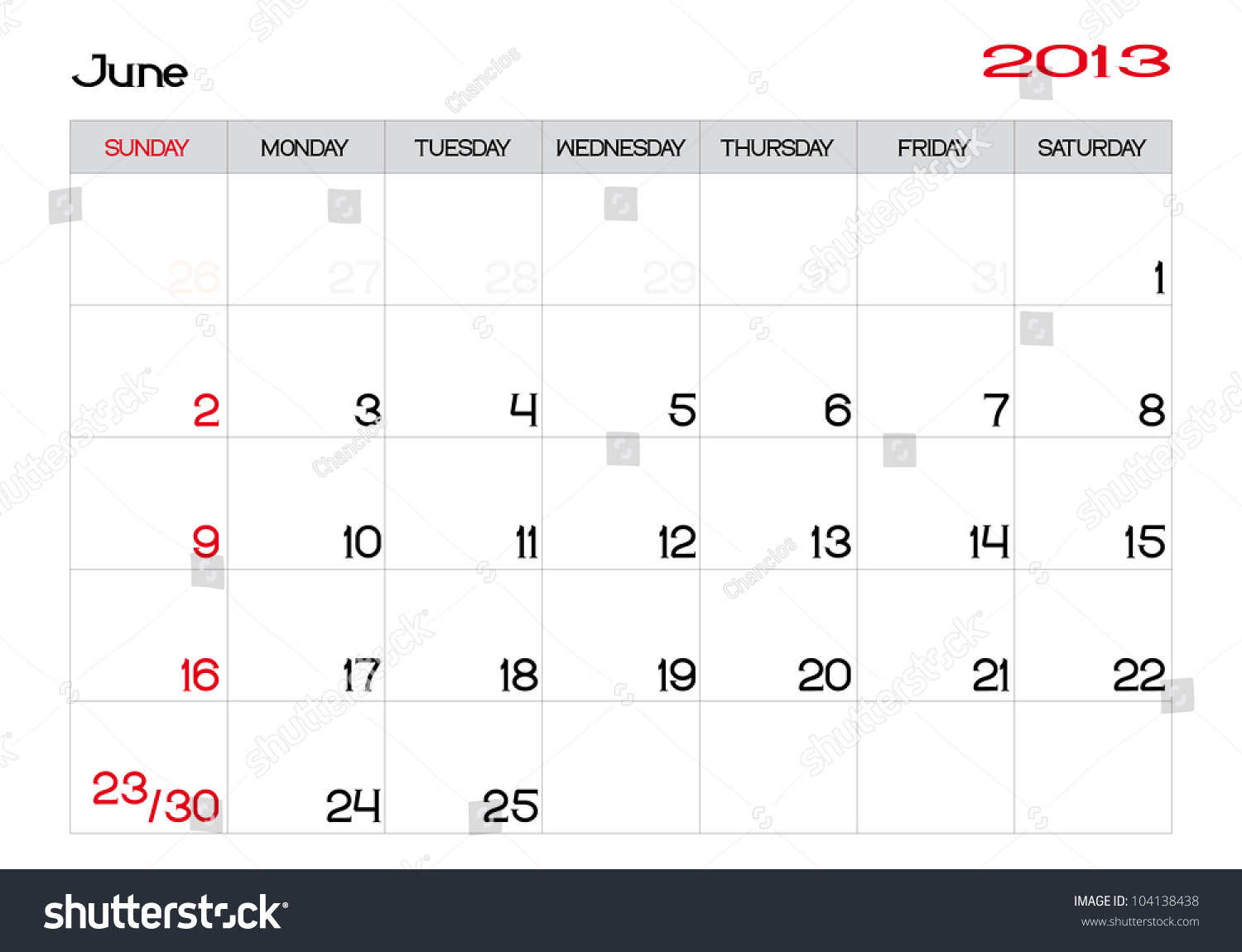 June 2013 Calendar In English Stock Vector Illustration 104138438 ...