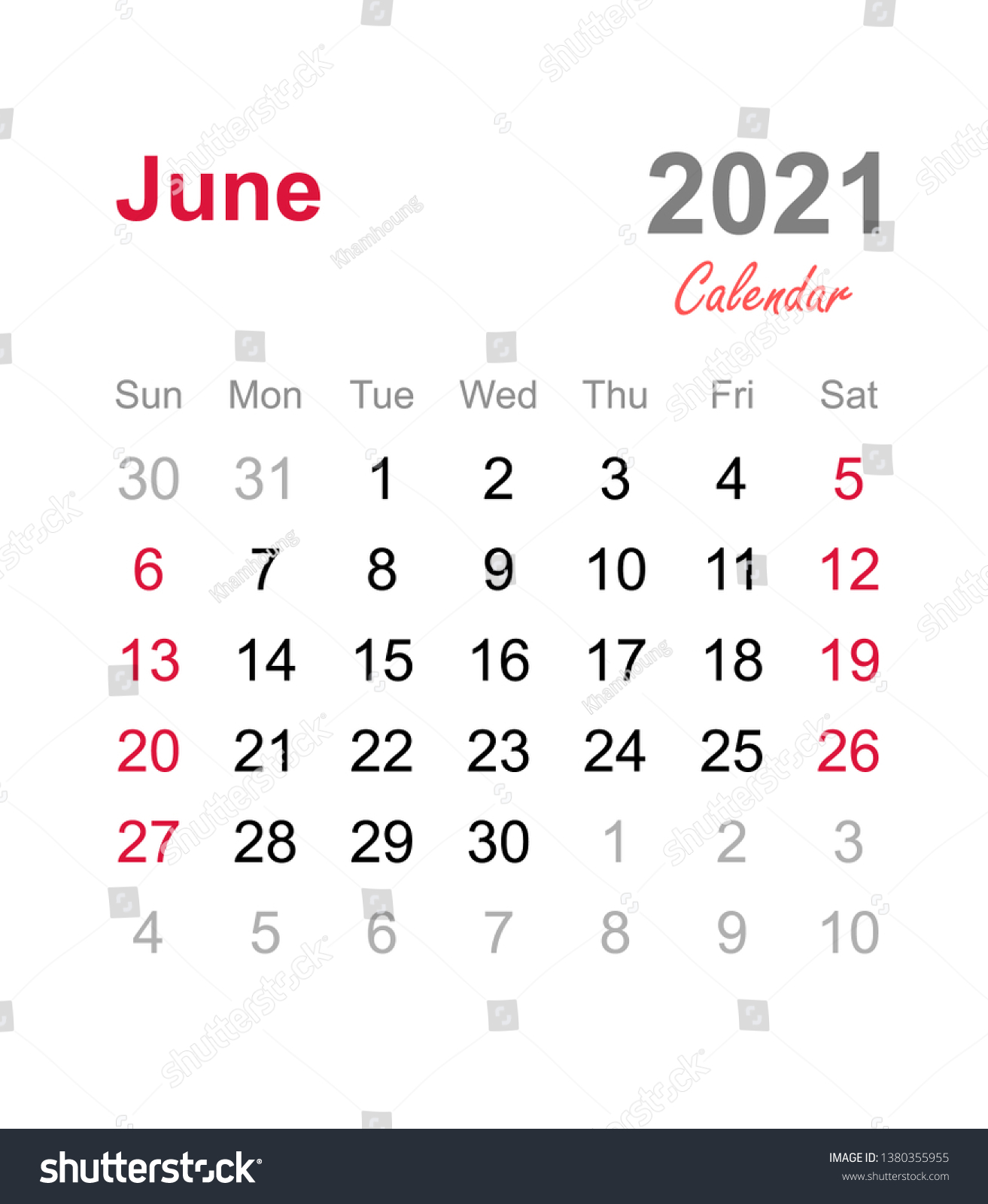 June 21 Calendar Monthly Calendar Template Stock Vector Royalty Free