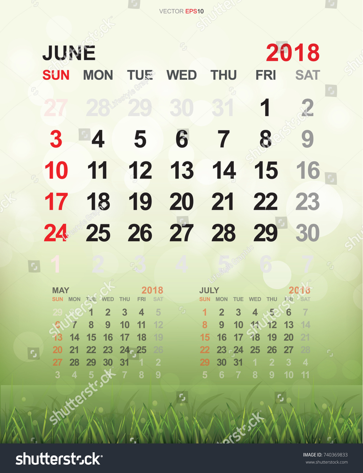 June 18 Monthly Calendar Template 18 Stock Vector Royalty Free