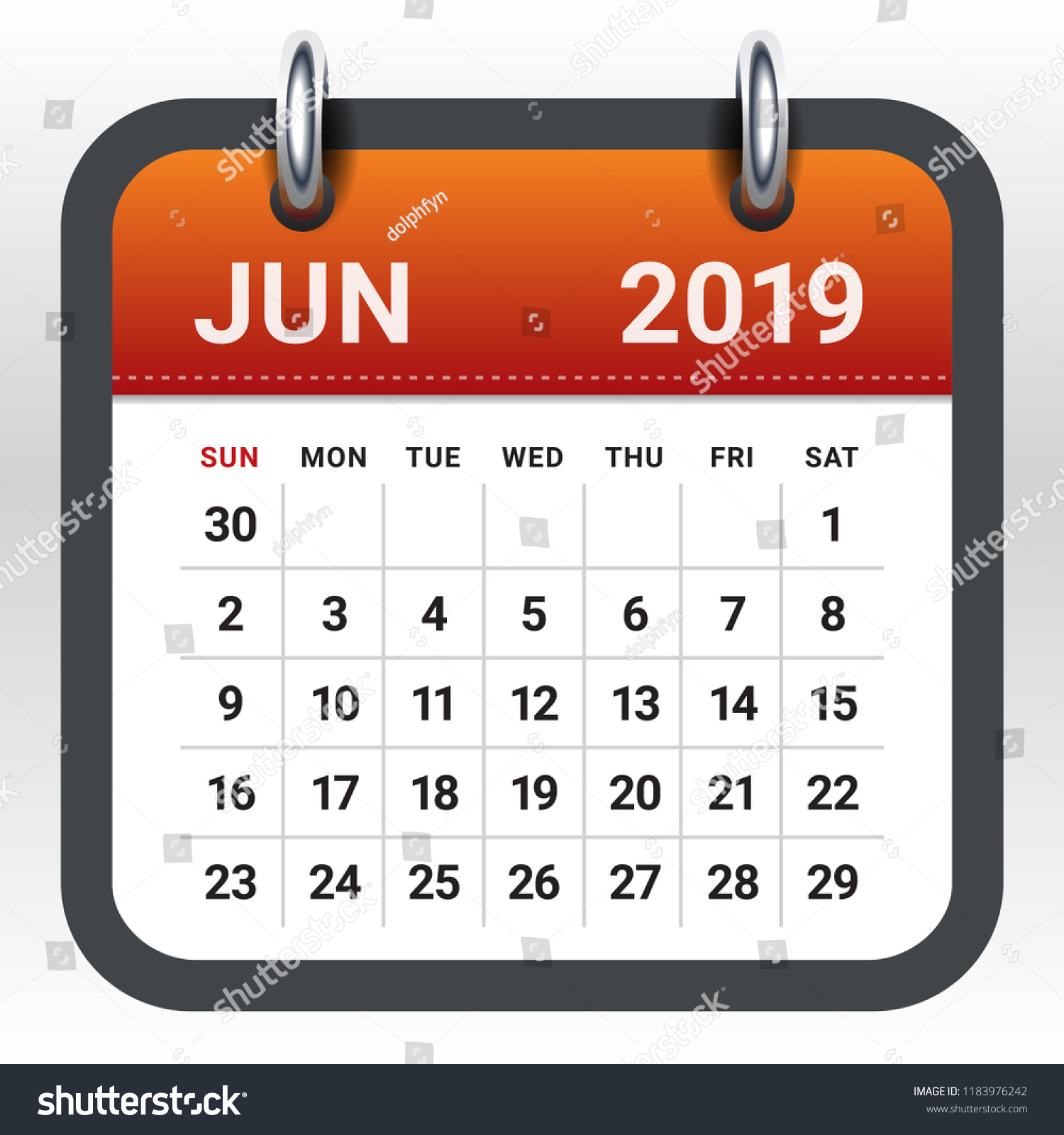 June 2019 Monthly Calendar Vector Illustration Stock Vector (Royalty