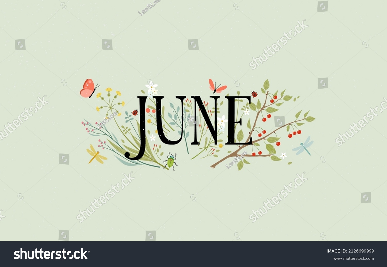 June Dragonflies Butterflies Flowers Vector Illustration Stock Vector ...