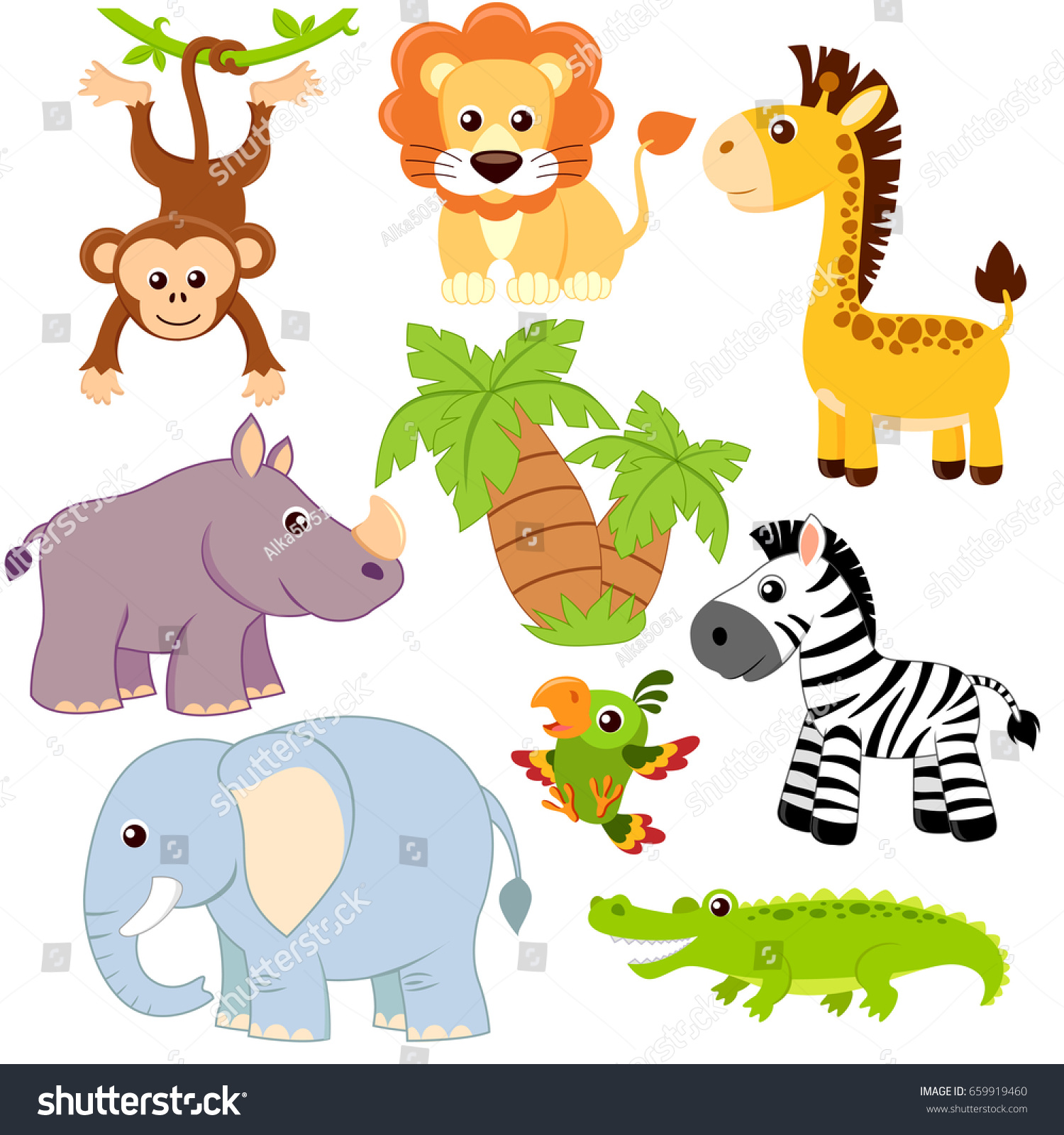 Jungle Animals Lion Elephant Giraffe Monkey Stock Vector (Royalty Free ...