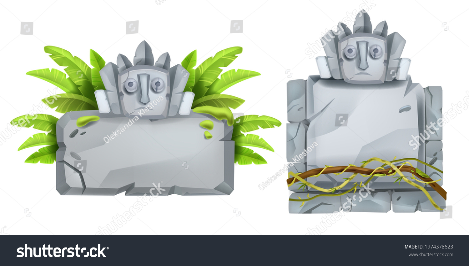 SVG of Jungle stone sign board, vector cartoon rock Aztec tablet, maya totem face, banana leaves, vine, liana. Nature tropical ancient boulders, game ruin monument isolated on white. UI sign board design svg