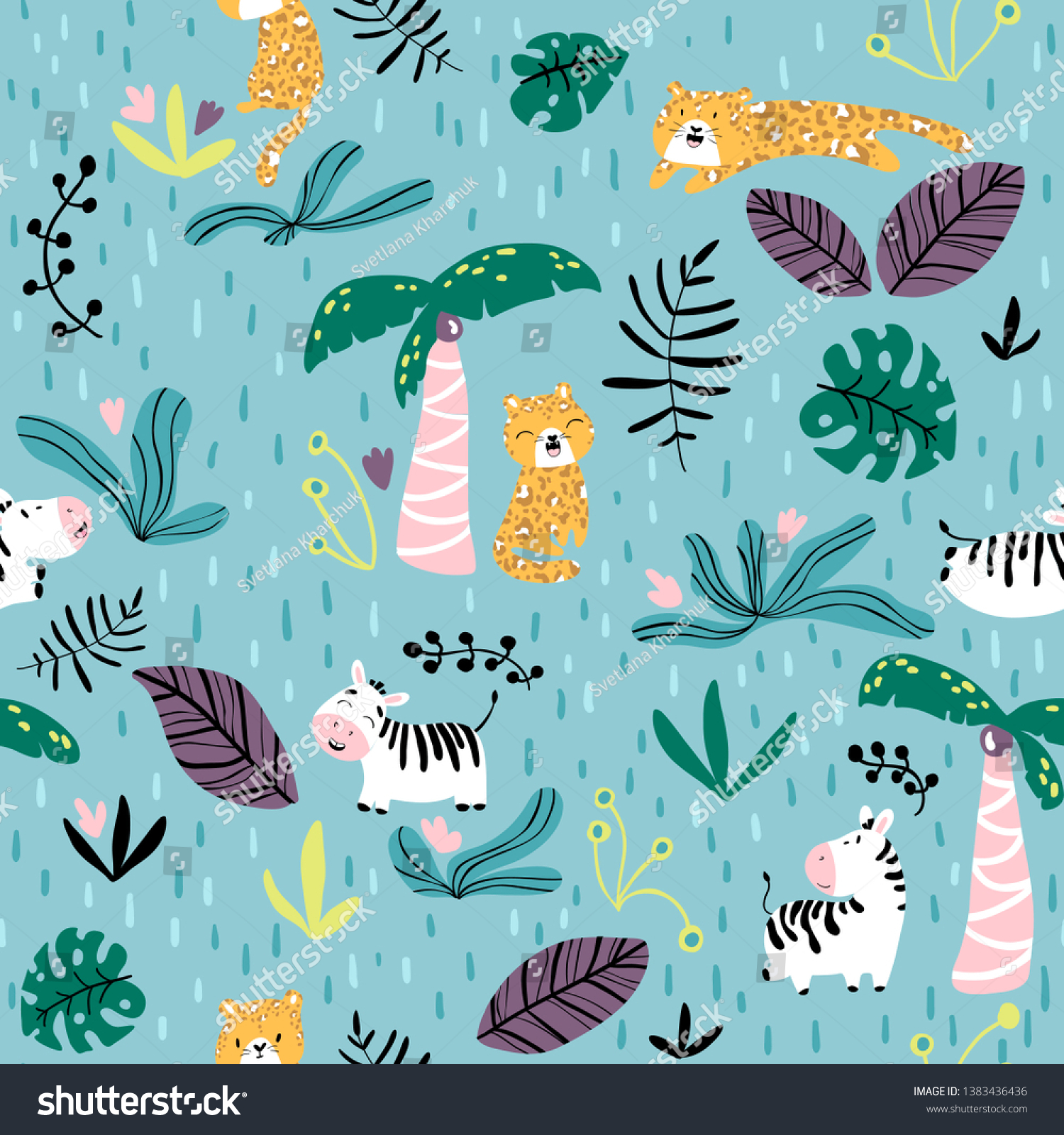 Jungle Vector Seamless Pattern Cute Leopard Stock Vector (Royalty Free ...