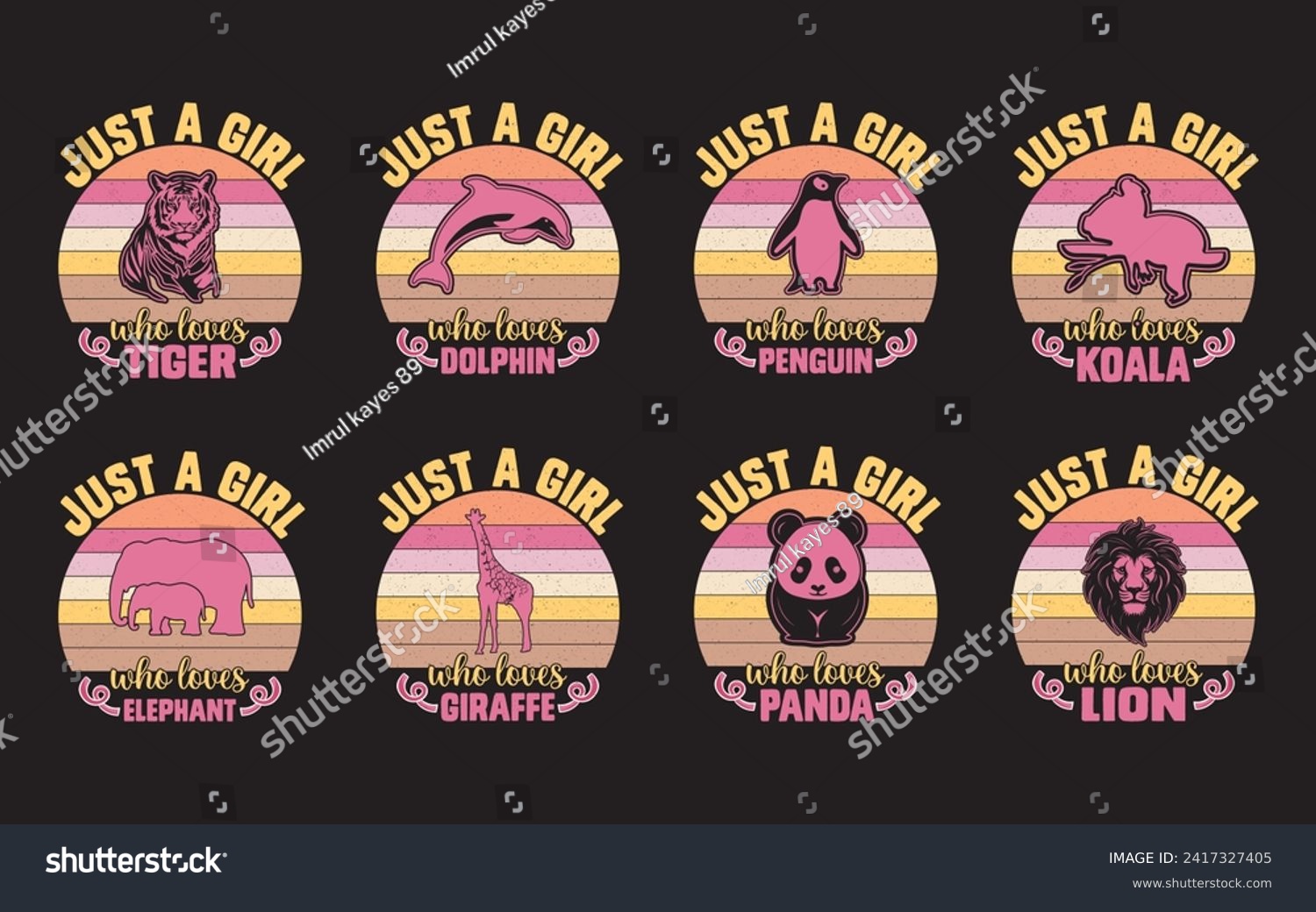 SVG of Just A Girl Who Loves Panda, Tiger, Dolphin, Penguin, Koala, Elephant, Giraffe, Lion Graphic T-Shirt, Vintage Animal T-Shirt Design. svg
