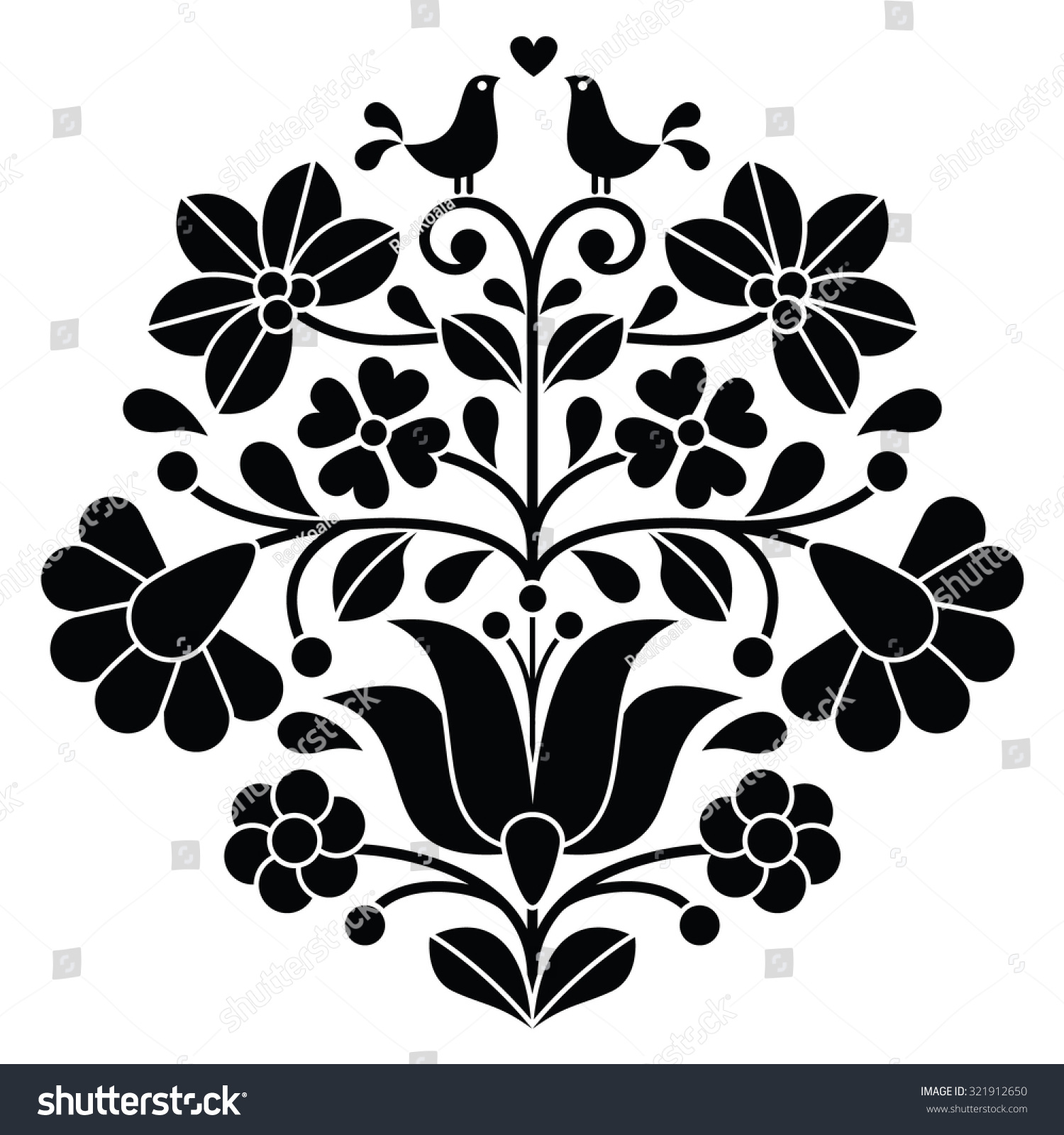 Kalocsai Black Embroidery - Hungarian Floral Folk Pattern With Birds ...