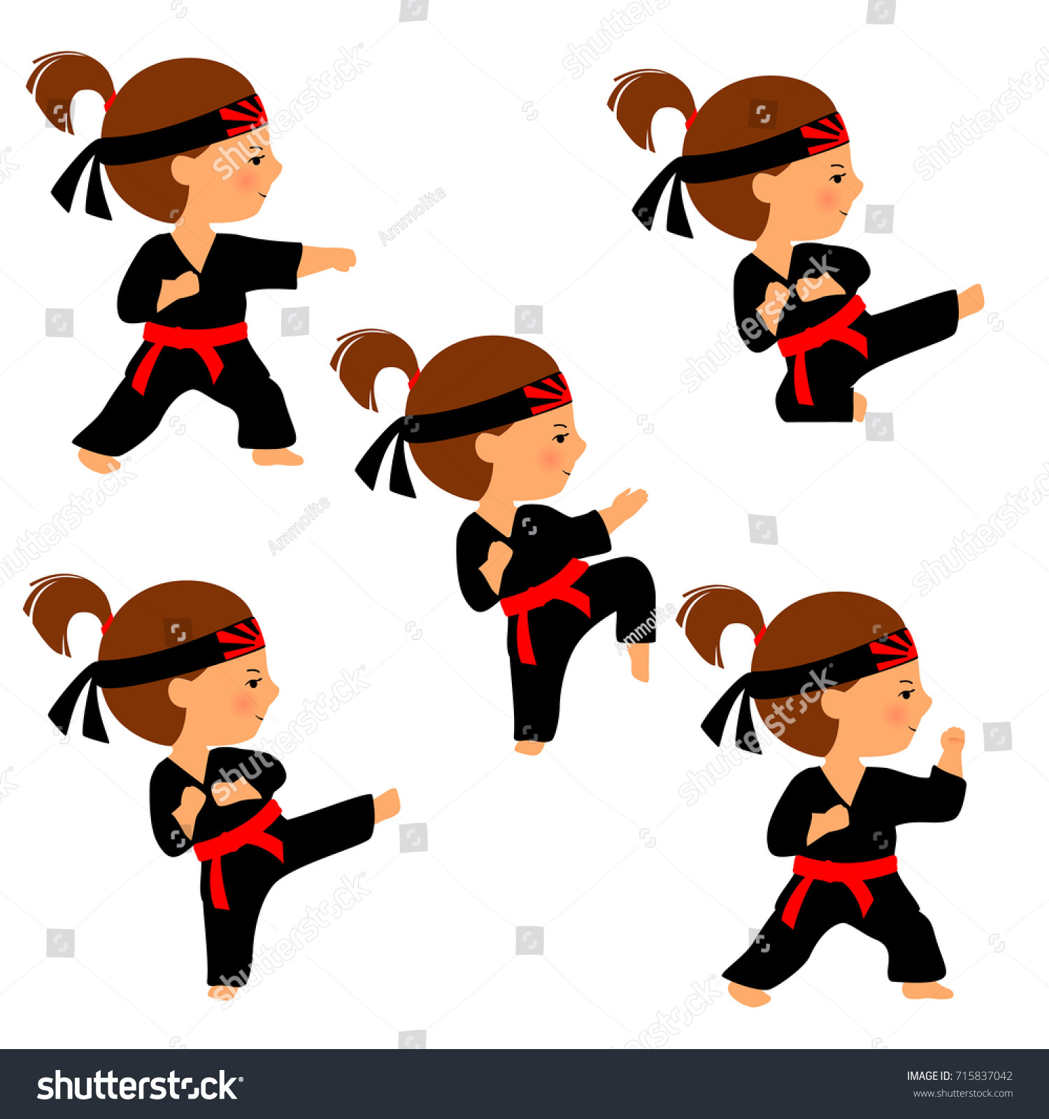 白い背景に空手少女のベクターイラスト 漫画風の空手ポーズのセット 女の子は蹴りの練習をする 赤帯と頭帯の黒い着物に 朝日 の記号 のベクター画像素材 ロイヤリティフリー