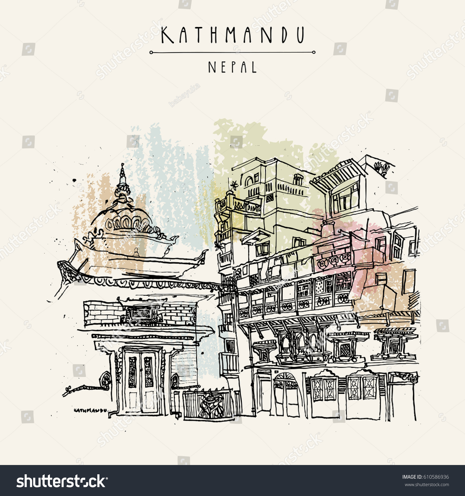 Kathmandu Nepal Asia Hindu Shrine Old Stock Vector 610586936 - Shutterstock