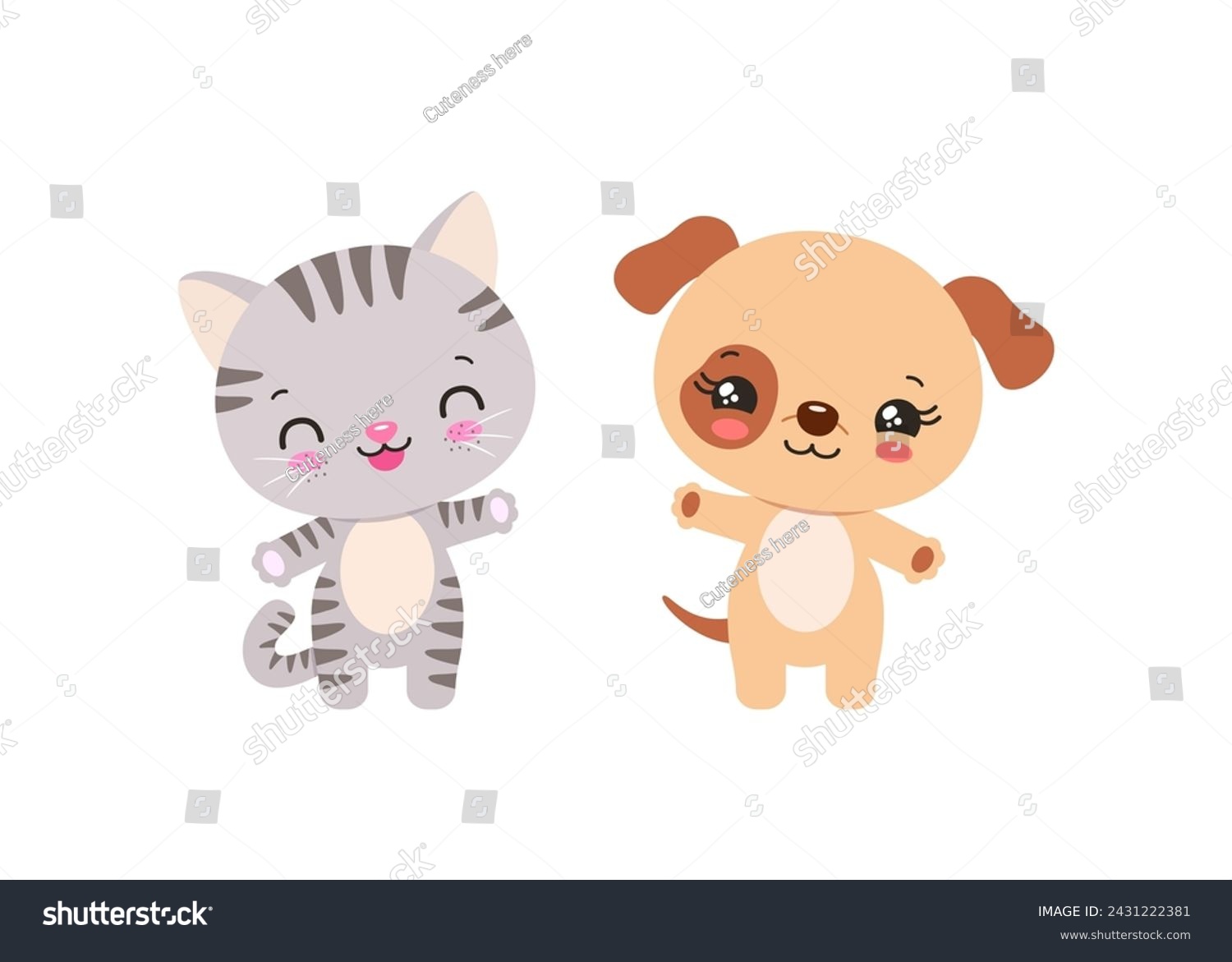 SVG of Kawaii cat and dog cute pets chibi animals. Anime asian cartoon style animal characters. Adorable kitten and puppy smiling waving. Little baby cat and dog children vector illustration. svg