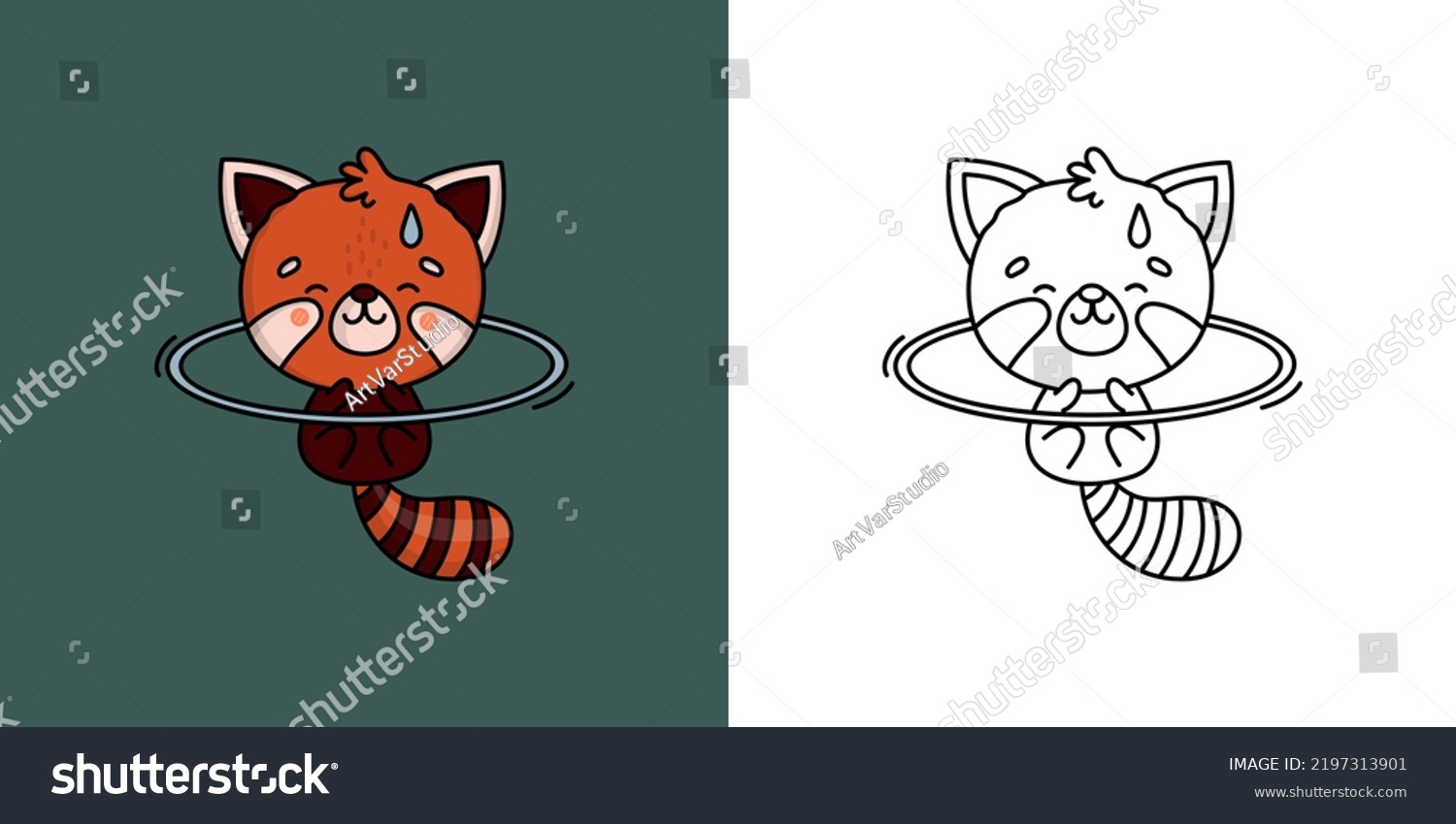 SVG of Kawaii Clipart Red Panda Sportsman Illustration and For Coloring Page. Funny Animal Sportsman. Vector Illustration of a Kawaii Animal for Stickers, Baby Shower, Coloring Pages, Prints for Clothes.
 svg