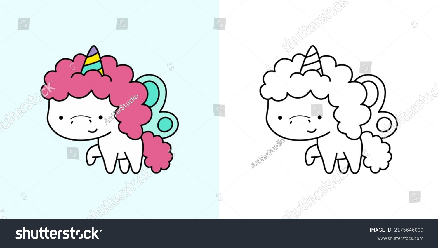 SVG of Kawaii Clipart Unicorn Illustration and For Coloring Page. Funny Kawaii Unicorn. Vector Illustration of a Kawaii Animal for Stickers, Baby Shower, Coloring Pages, Prints for Clothes.  svg