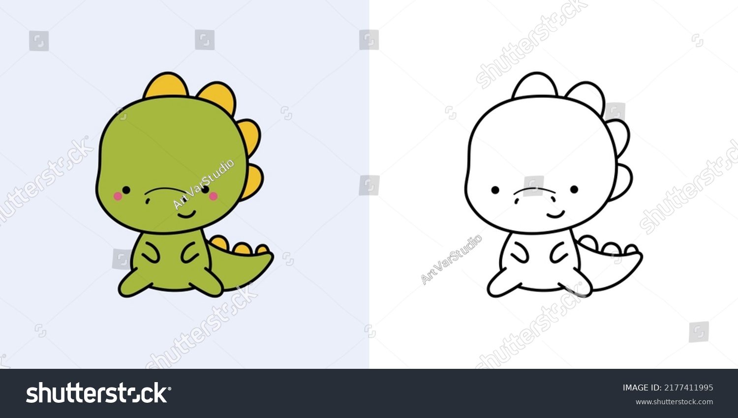 SVG of Kawaii Dinosaur Clipart Multicolored and Black and White. Cute Kawaii Dino. Vector Illustration of a Kawaii Animal for Stickers, Prints for Clothes, Baby Shower, Coloring Page svg