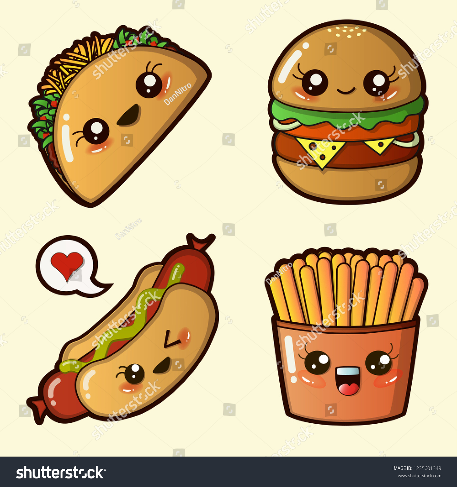 Kawaii Fast Food Set Cute Taco Stock Vector (Royalty Free) 1235601349 ...