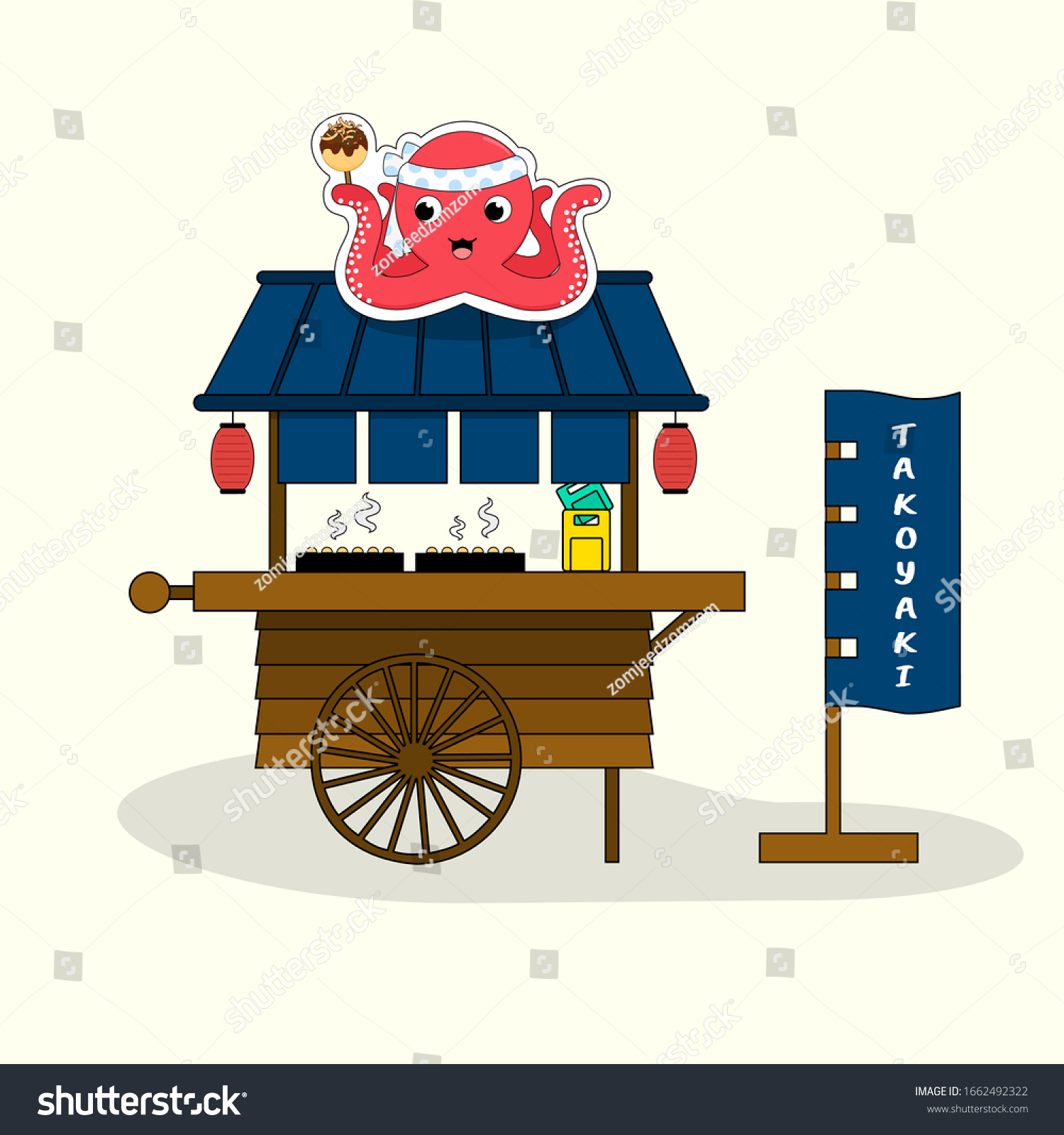 ベージュ背景に日本の料理店の旗を持つ 日本のかわいいたこ焼きの店とスマイルの赤いタコ のベクター画像素材 ロイヤリティフリー ベージュ背景に日本の料理店の旗を持つ 日本のかわいいたこ焼きの店とスマイルの赤いタコ のベクター画像素材 ロイヤリティフリー