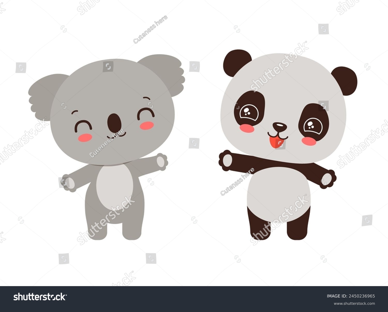 SVG of Kawaii panda and koala cute animals. Anime chibi cartoon animal characters. Adorable chinese panda bear and koala australian bear smiling waving. Baby children vector illustration flat design. svg