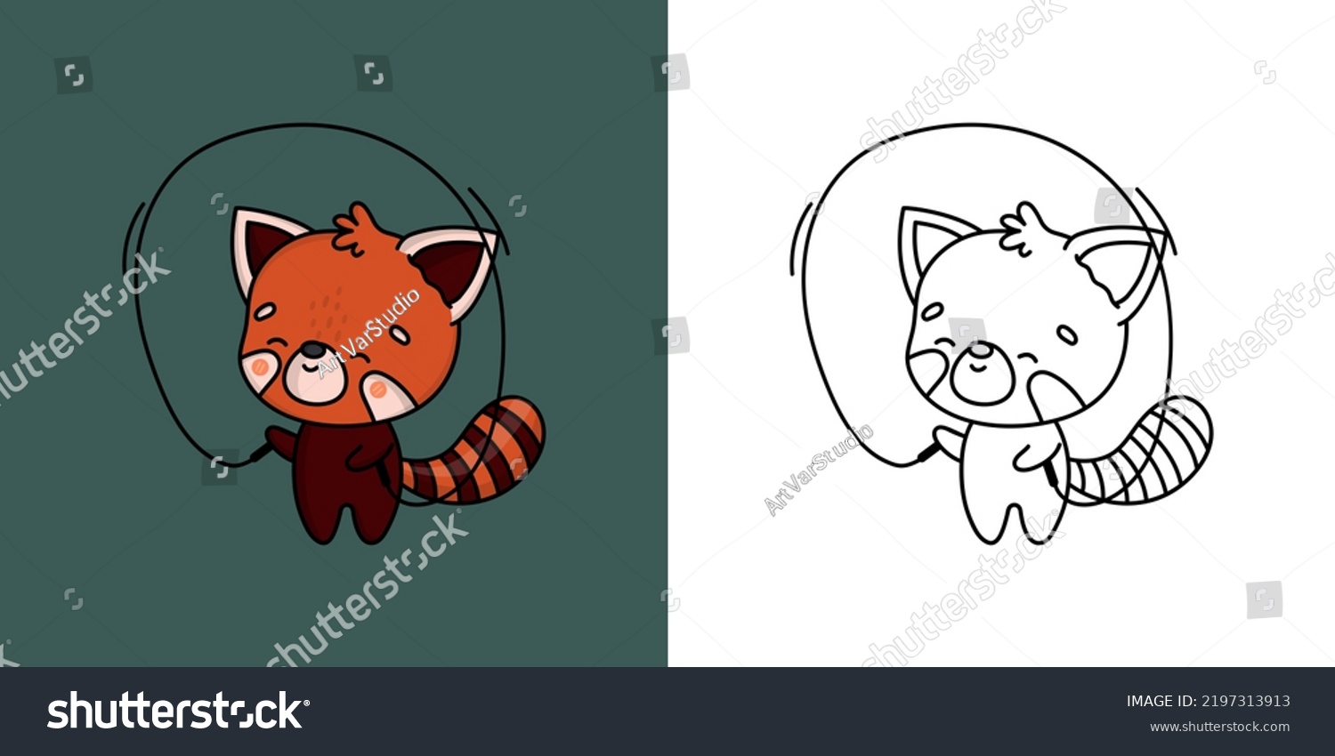 SVG of Kawaii Red Panda Sportsman Clipart Multicolored and Black and White. Cute Animal Sportsman. Vector Illustration of a Kawaii Animal for Stickers, Prints for Clothes, Baby Shower, Coloring Pages.
 svg