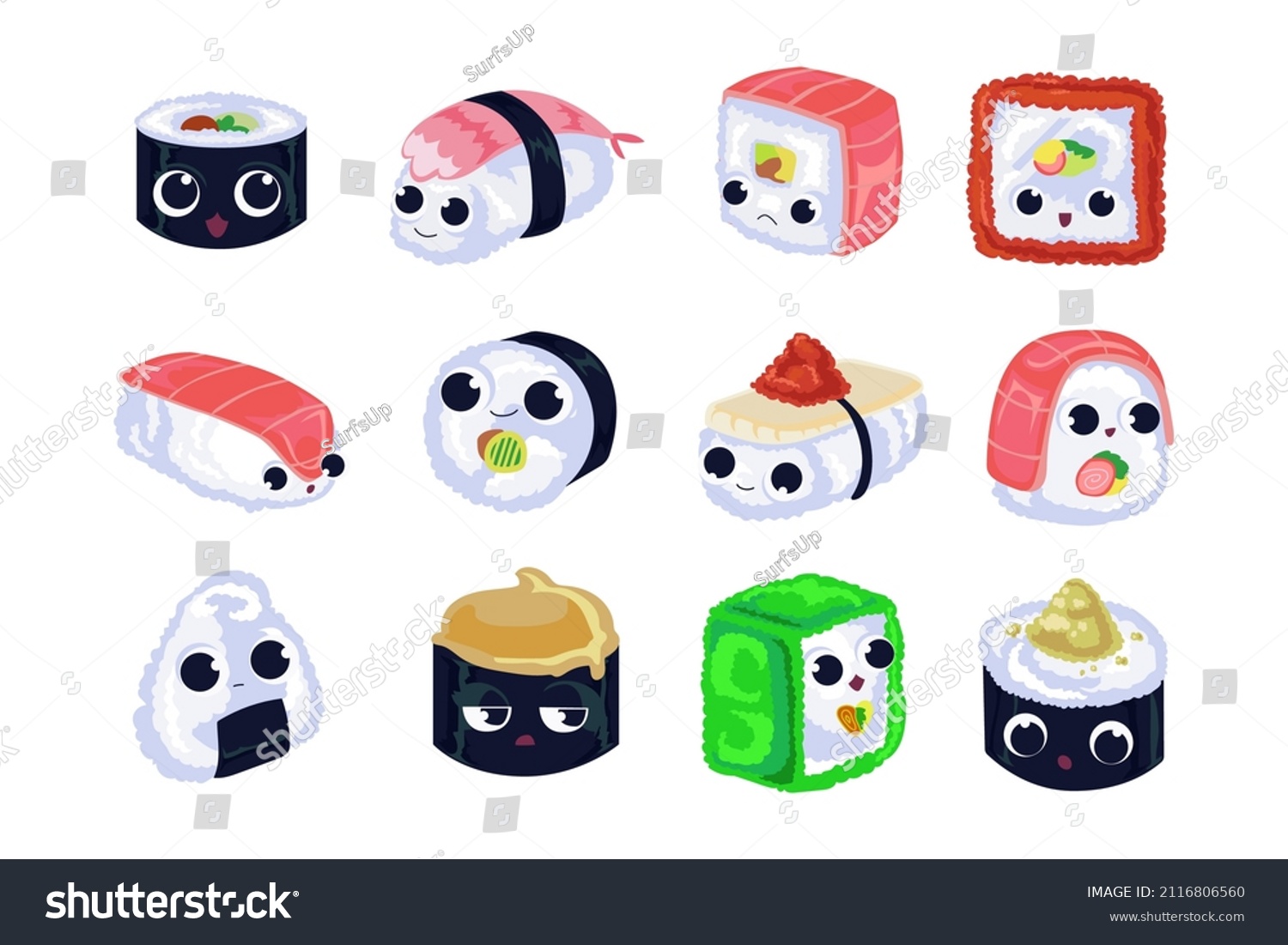 Kawaii Sushi Characters Faces Cartoon Illustration Stock Vector ...