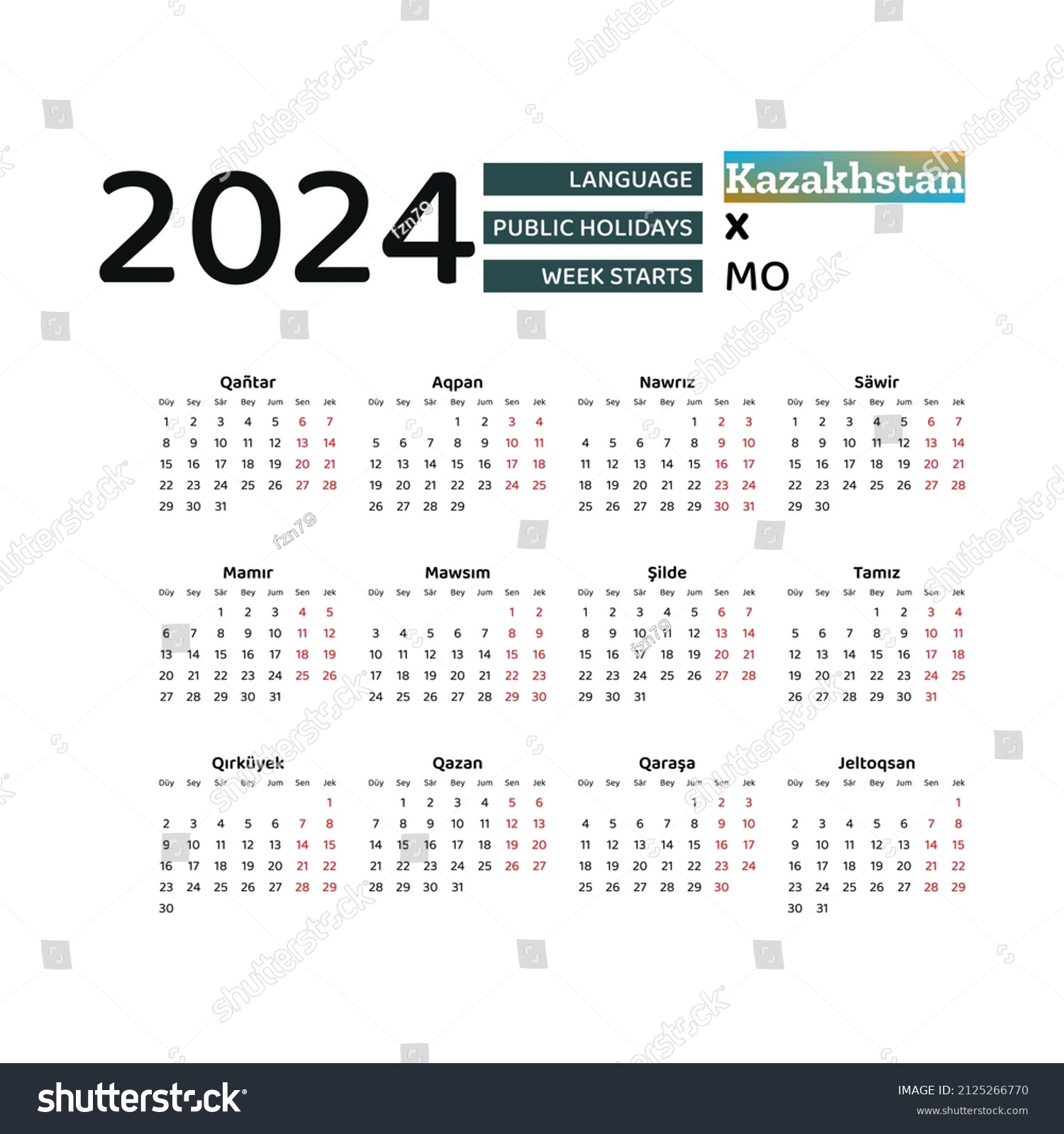 Kazakhstan Calendar 2024 Week Starts Monday Stock Vector Royalty Free   Stock Vector Kazakhstan Calendar Week Starts From Monday Vector Graphic Design Kazakh Language 2125266770 