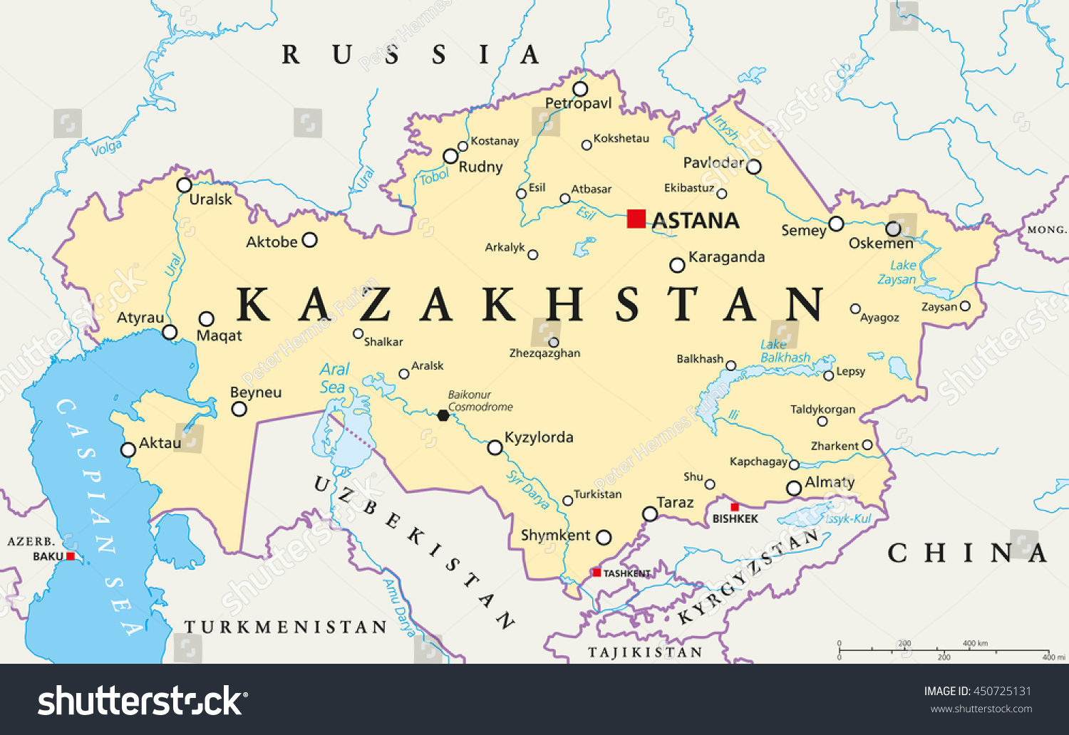 SVG of Kazakhstan political map with capital Astana, national borders, important cities, rivers and lakes. Republic in Central Asia and the worlds largest landlocked country. English labeling. Illustration. svg