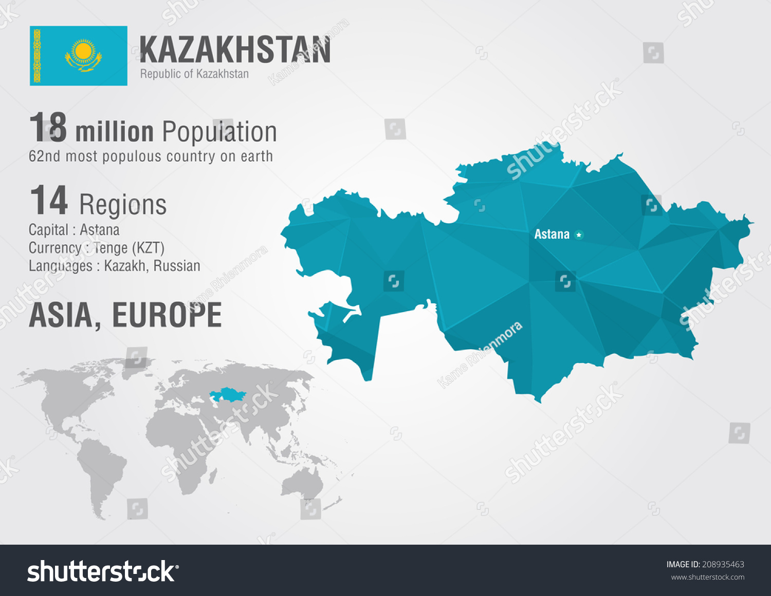 Kazakhstan World Map Pixel Diamond Texture Stock Vector Royalty