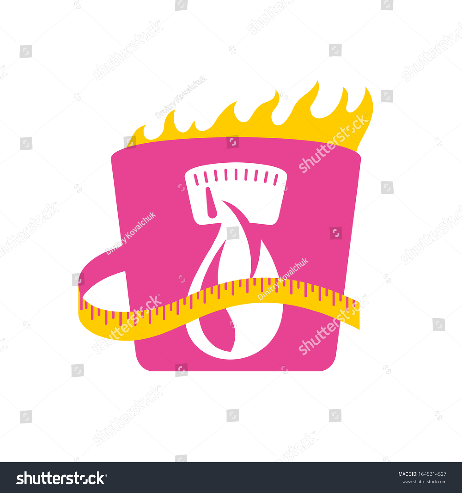 SVG of kcal icon (calories burning sign) combination of flame (fats), weight scales and measurement tape - isolated vector emblem for healthy food, fitness or diet program  svg