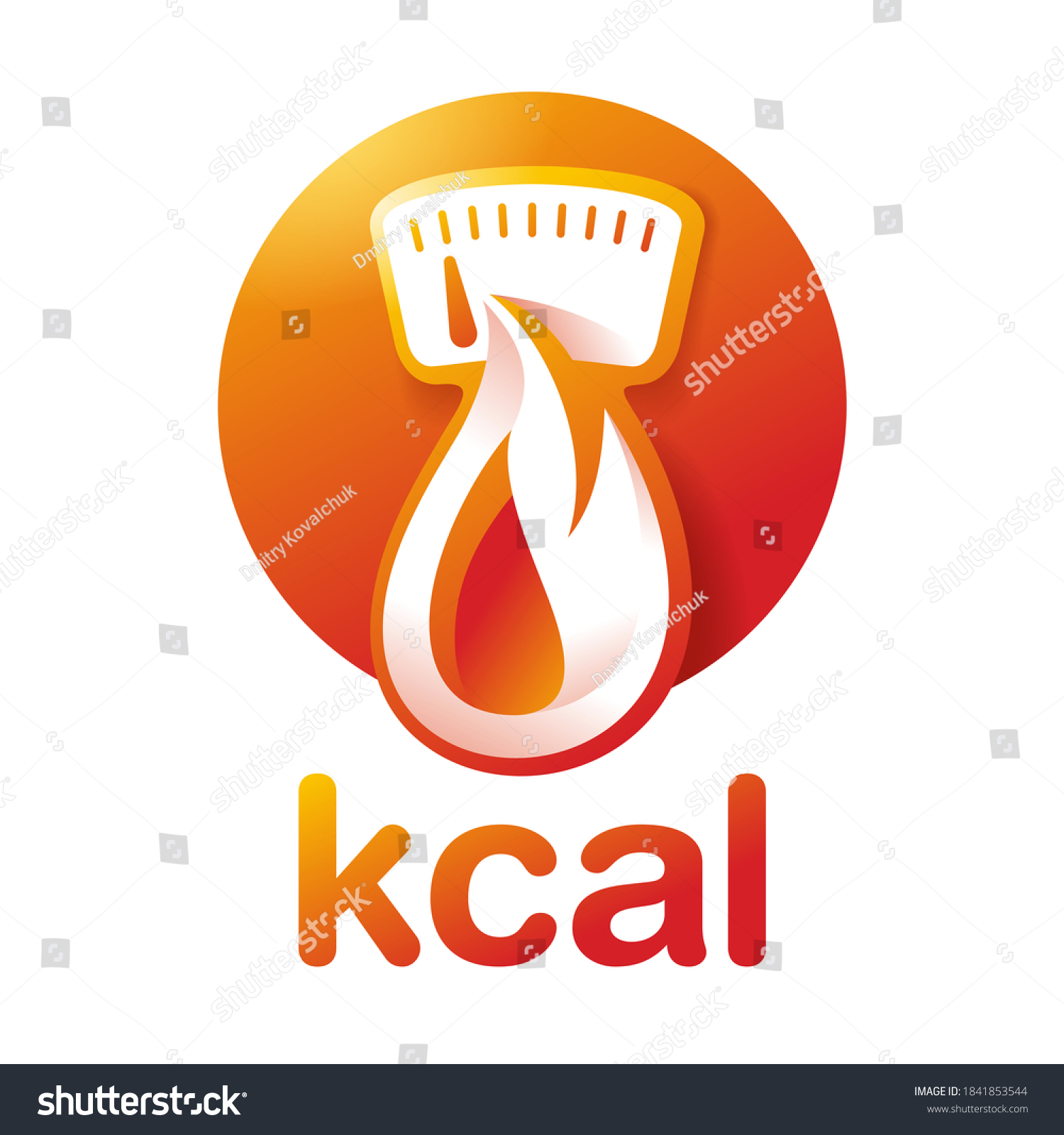 SVG of kcal icon (calories sign) combination of flame (fat burning) and weight scales dial - isolated vector emblem for healthy food, fitness or diet program packaging svg