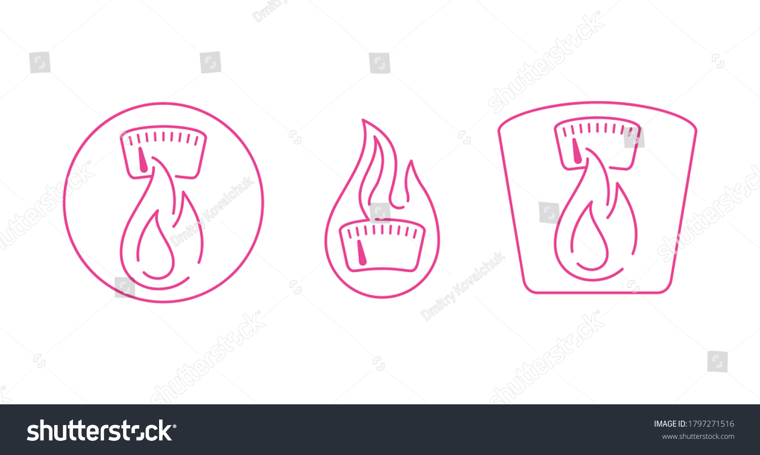 SVG of kcal icon (calories sign) combination of flame (fat burning) and weight scales - thin line emblem in 3 variations for healthy food, fitness or diet program packaging svg