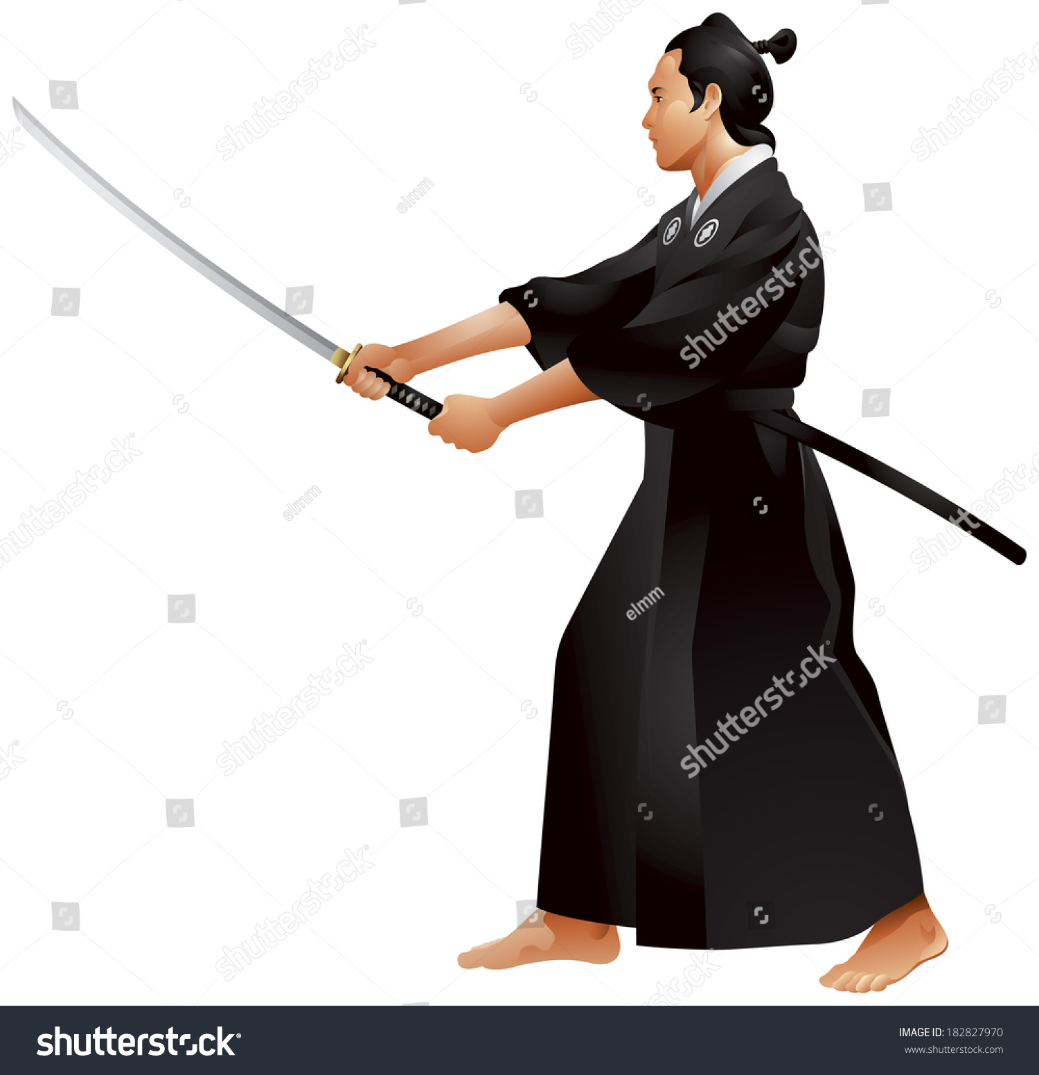 Kenjutsu Chudan No Kamae, Japanese Samurai With The The Katana Sword ...