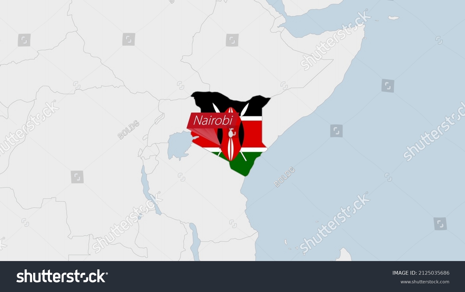 Kenya Map Highlighted Kenya Flag Colors Stock Vector Royalty Free   Stock Vector Kenya Map Highlighted In Kenya Flag Colors And Pin Of Country Capital Nairobi Map With Neighboring 2125035686 