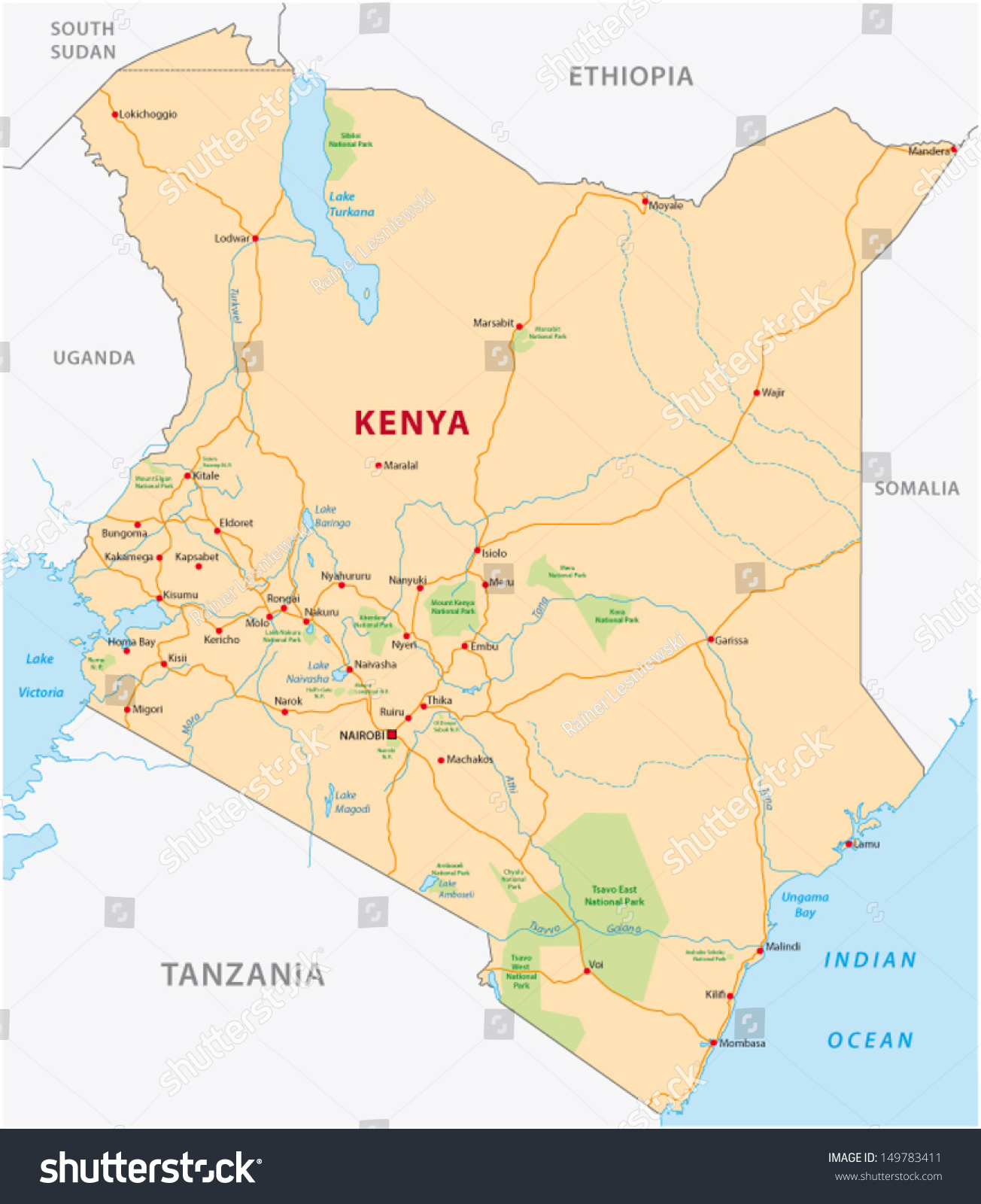 Kenya Road Map Stock Vector 149783411 - Shutterstock