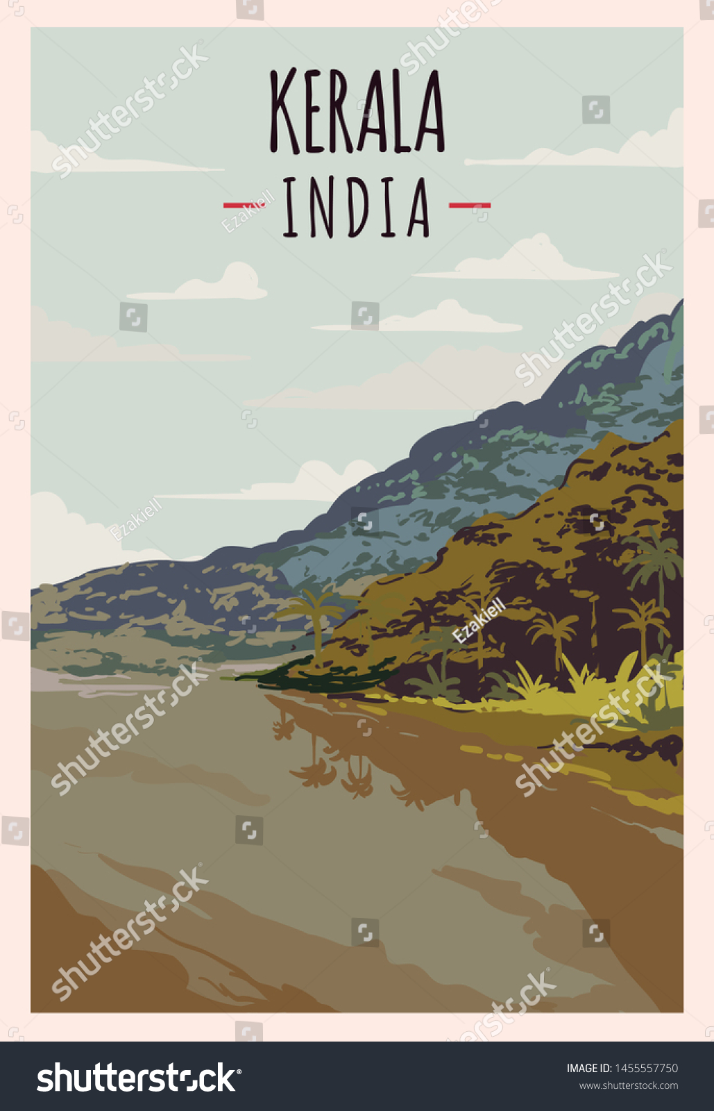 Kerala Retro Poster Kerala Travel Illustration Stock Vector Royalty Free 1455557750