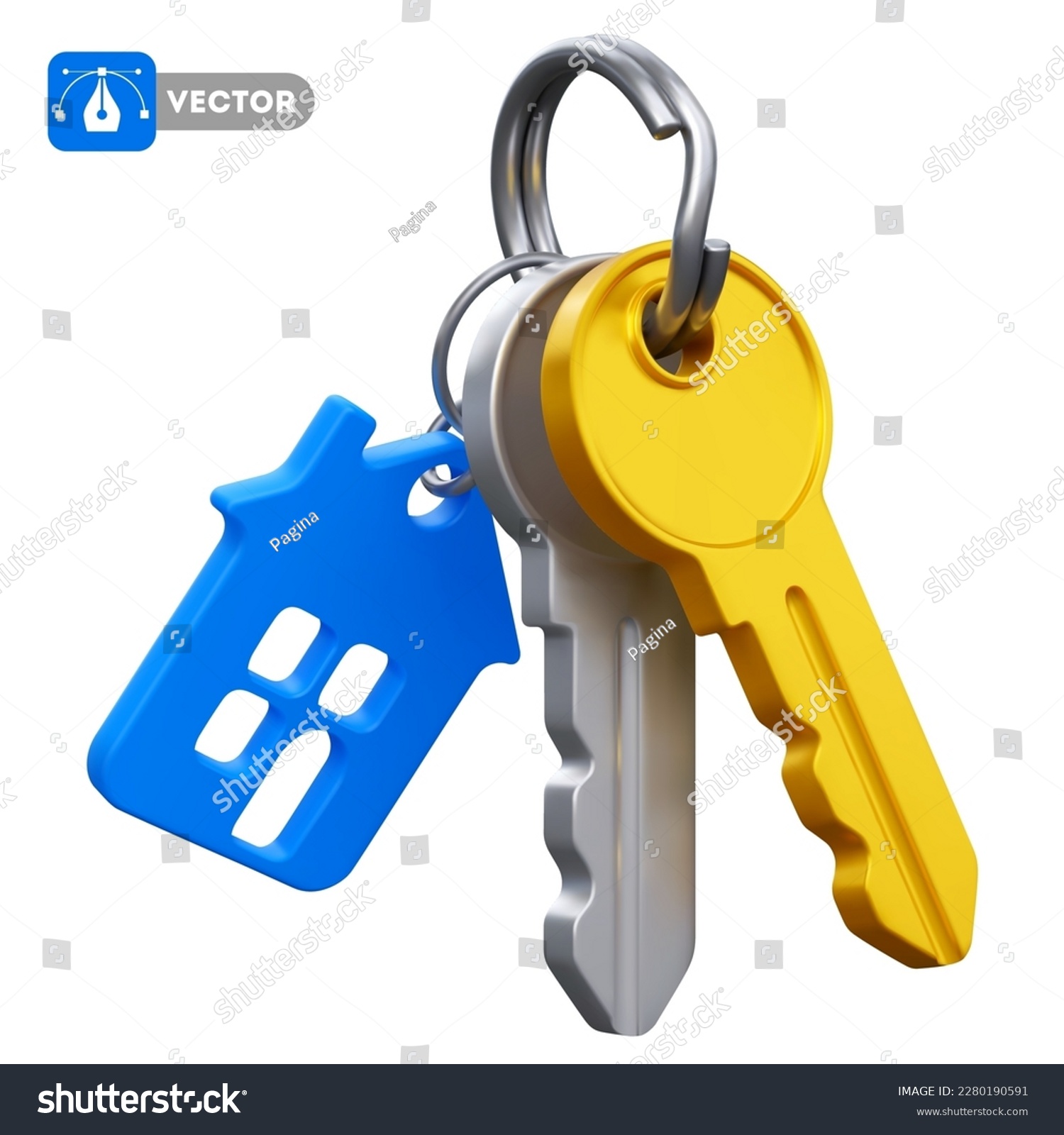 SVG of Keys with key chain in the form of house. Concept on real estate theme, buying, selling, protection, security, property insurance. Isolated on white background. Vector 3d realistic illustration svg