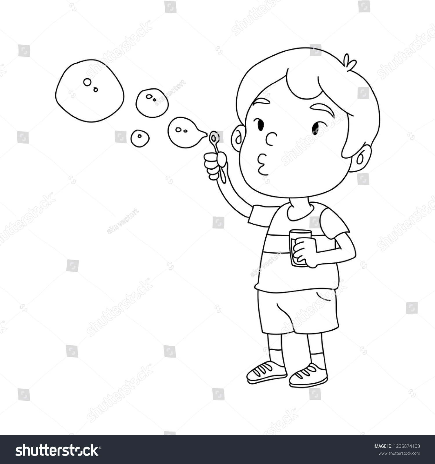 Kid Blowing Bubbles Outline Hand Drawn Stock Vector Royalty Free