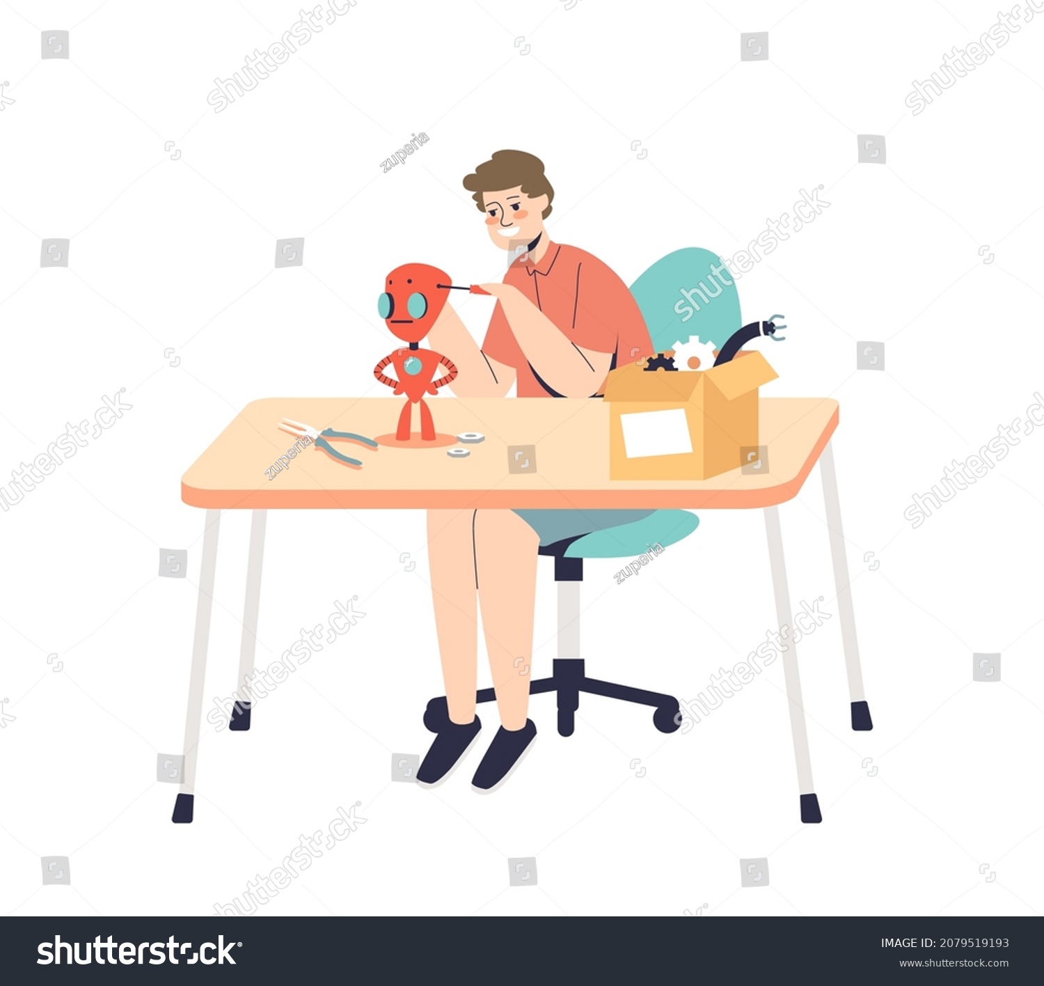 Kid Boy Making Robot Using Screwdriver Stock Vector (Royalty Free ...